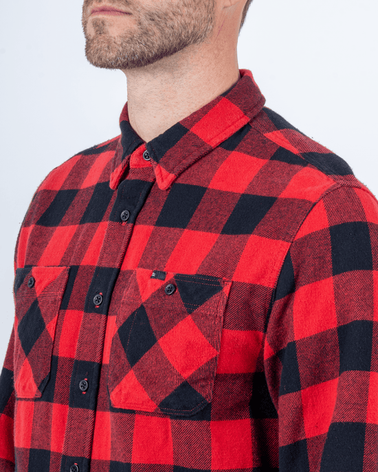 Foreign Rider Co Organic Cotton Red Flannel Plaid 01 Long Sleeve Button Up Shirt Chest Button Pocket and Shoulder Detail