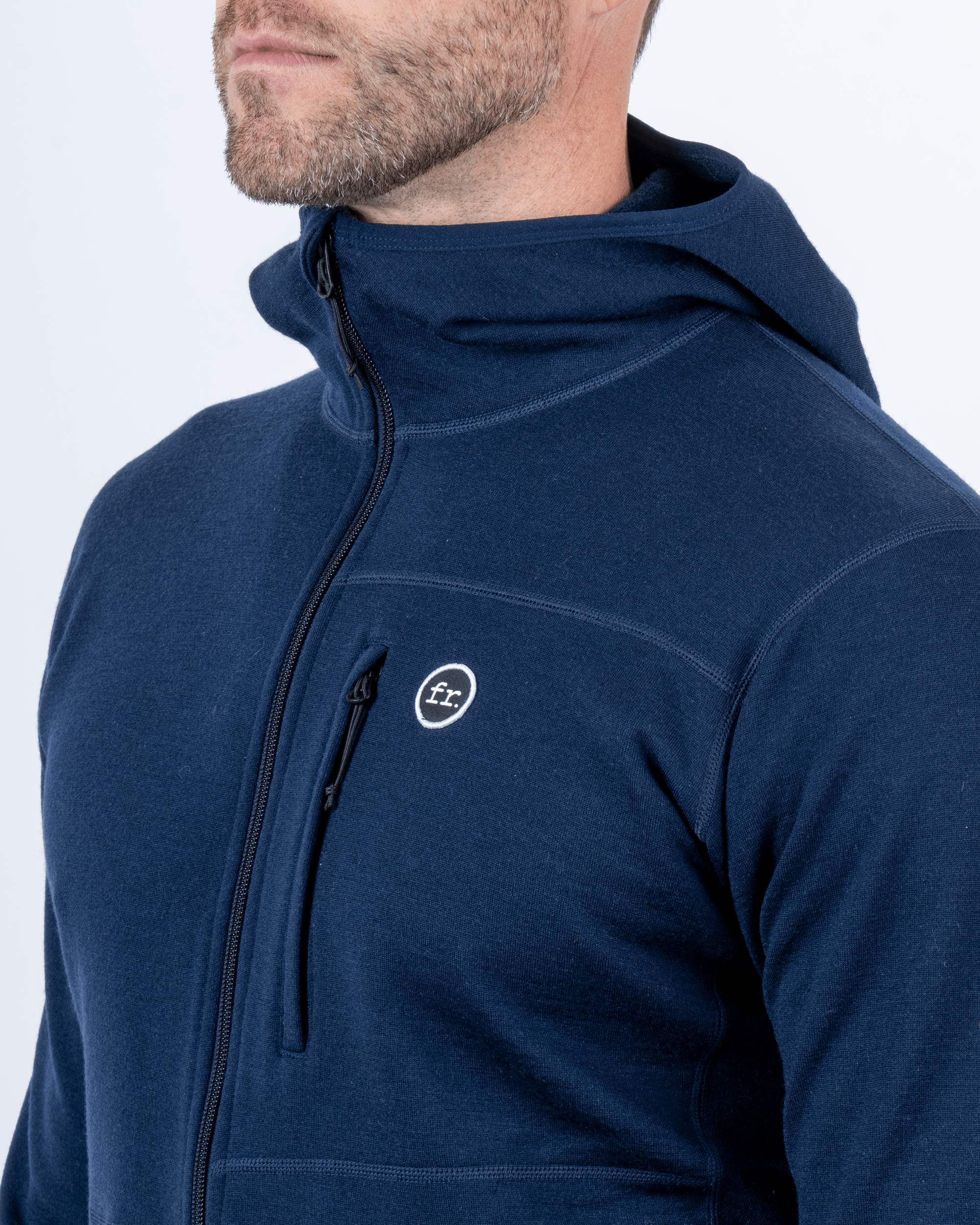 Foreign Rider Co Nuyarn Merino Wool Navy Hooded Jacket Chest Logo and Zip Pocket