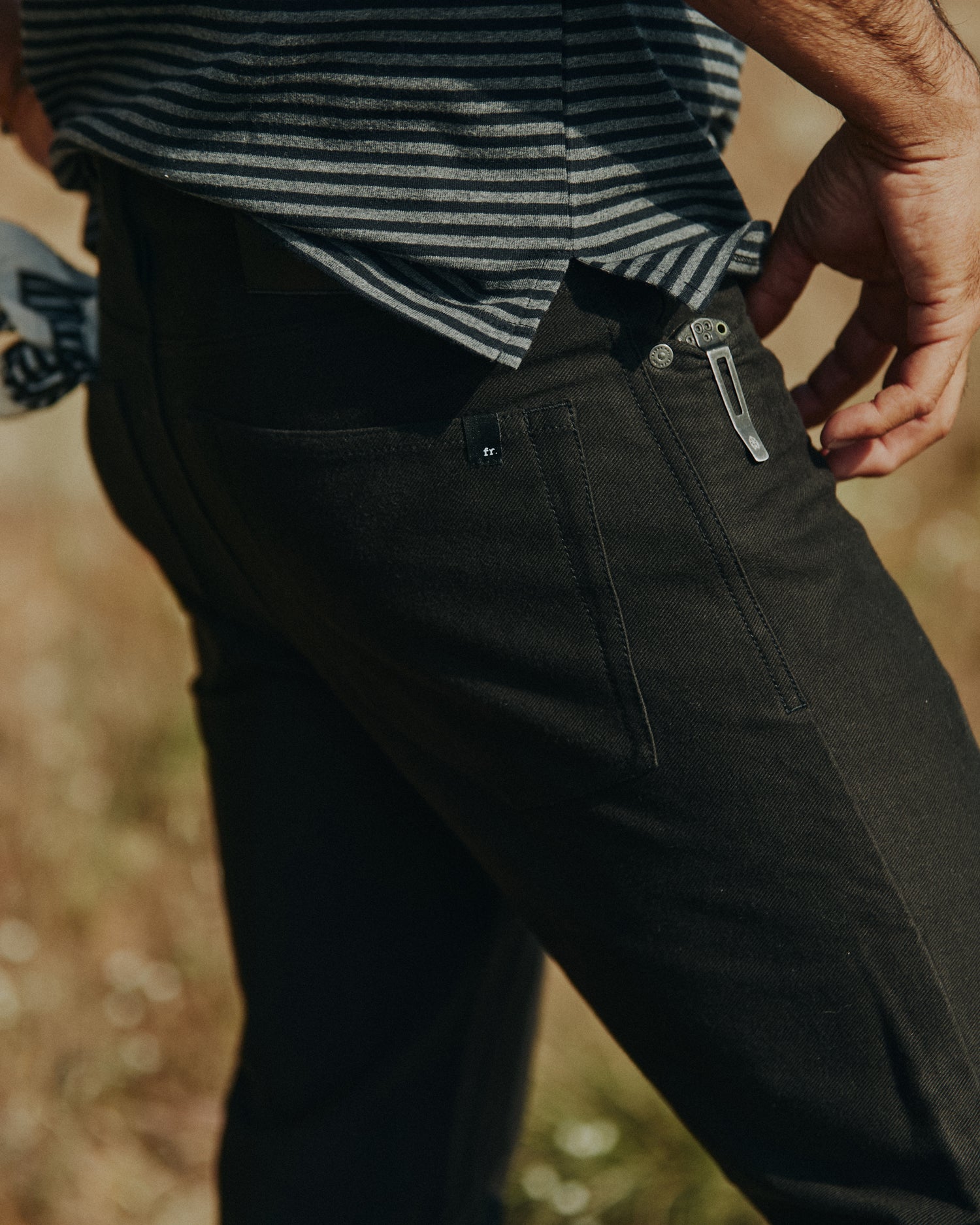 Foreign Rider Co 5 Pocket Organic Cotton Pant close up detail of the back pocket & front size pocket