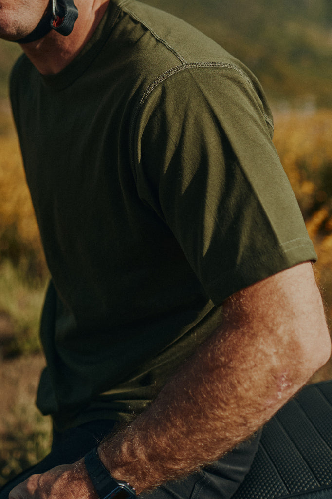 Shoulder detail of a man wearing Foreign Rider Supima Short Sleeve T-Shirt