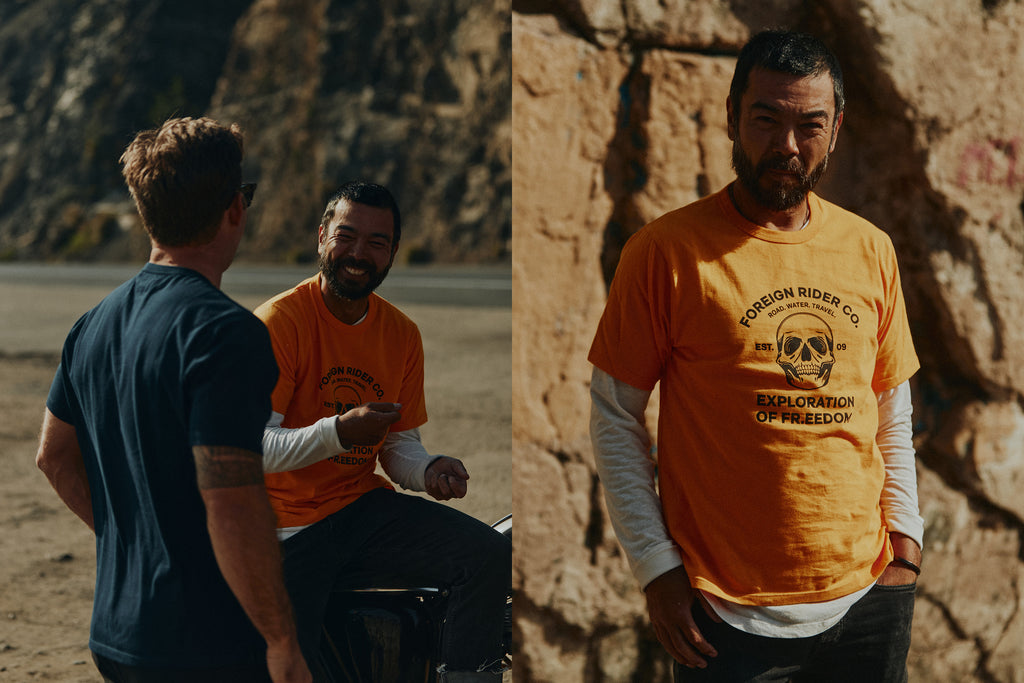 Split image of 2 men on the left chatting & the a man on the right wearing Foreign Rider Skull Graphic T-Shirt
