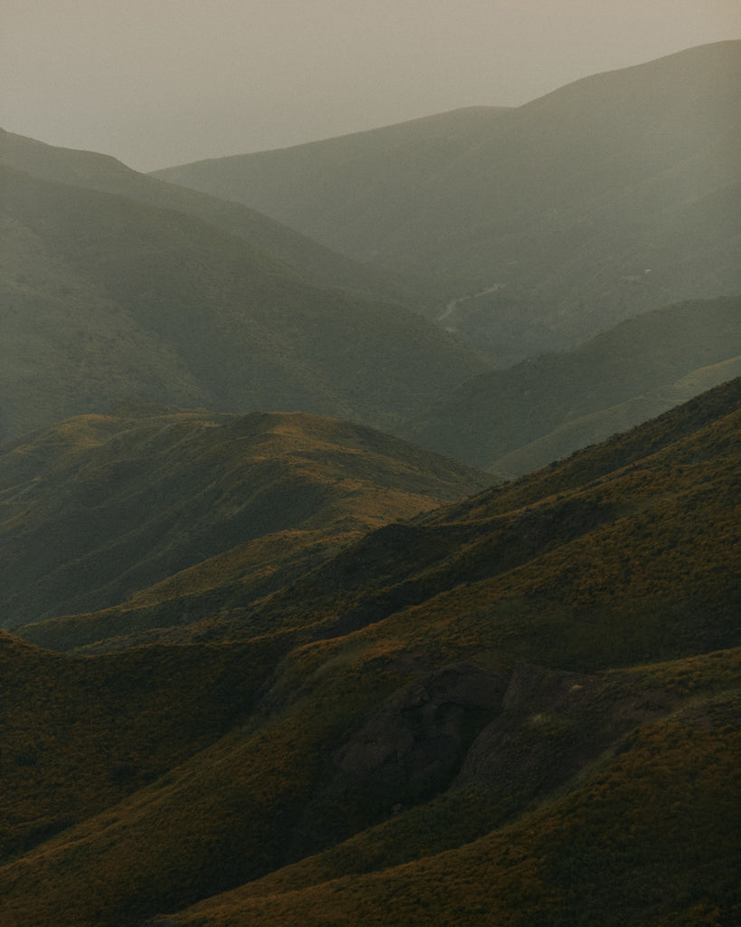 Green landscape shot of Santa Monica Mountains with a hazy background