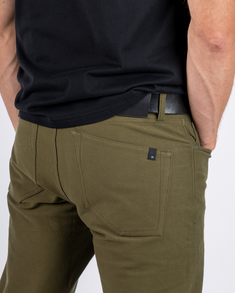Foreign Rider Co Organic Cotton Olive 5 Pocket Pant Back Pocket Detail
