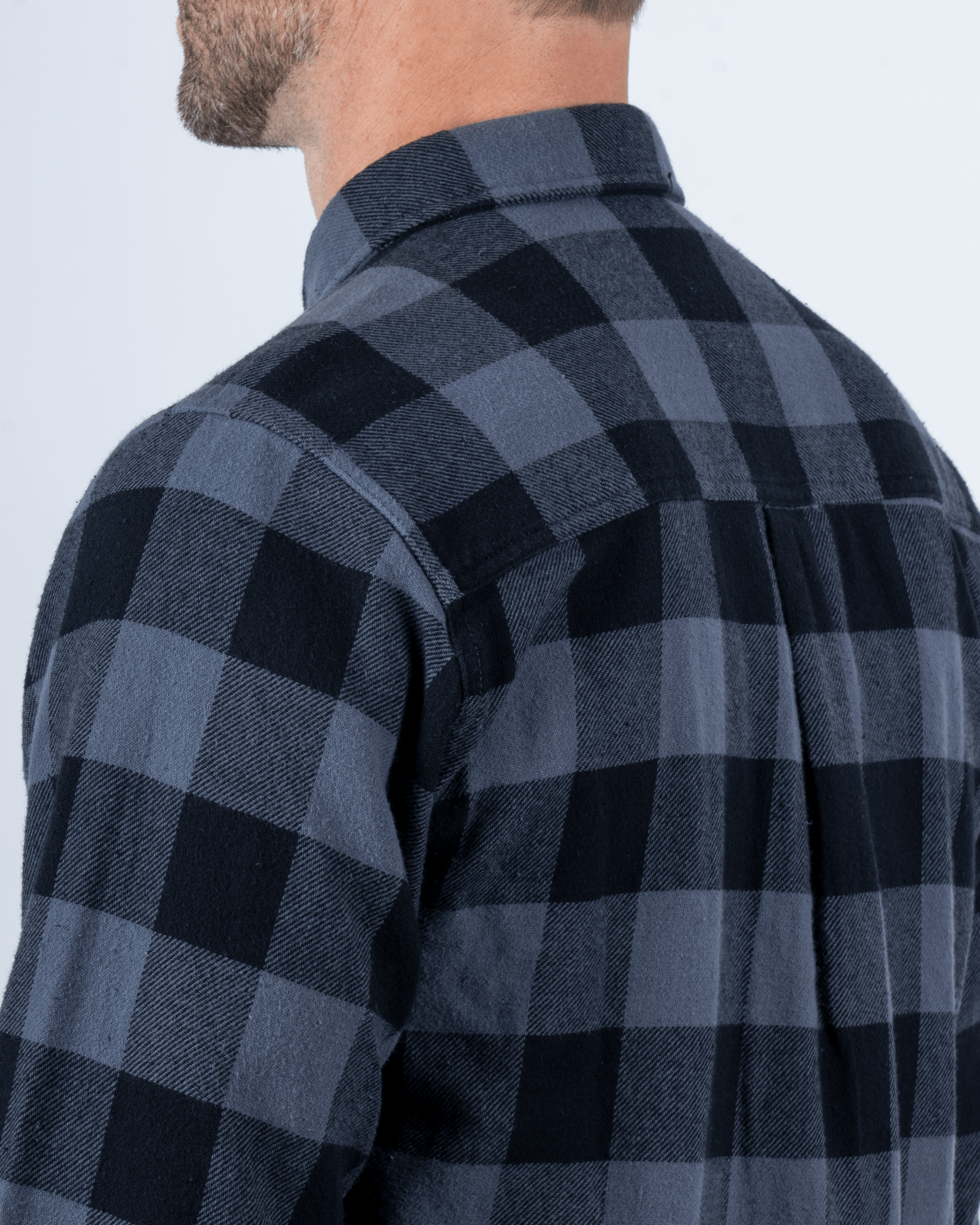Foreign Rider Co Organic Cotton Black Flannel Plaid 01 Long Sleeve Button Up Shirt Back Shoulder and Collar Detail