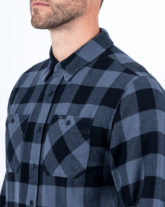 Foreign Rider Co Organic Cotton Black Flannel Plaid 01 Long Sleeve Button Up Shirt Chest Button Pocket and Shoulder Detail
