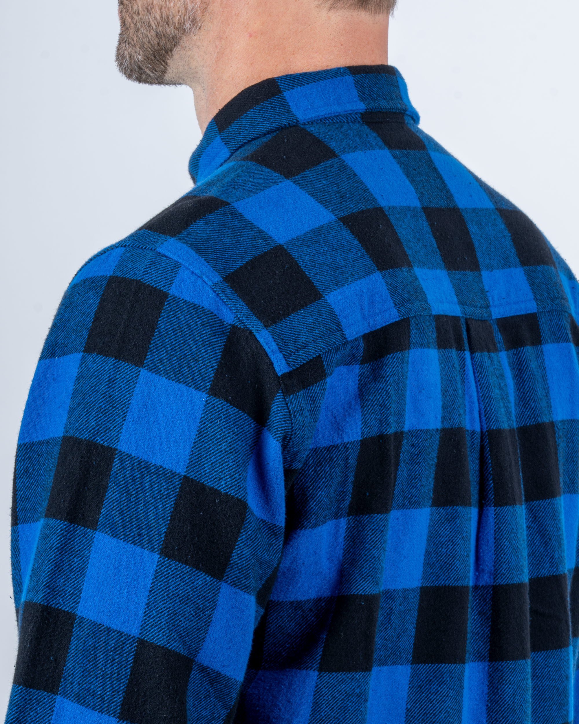 Foreign Rider Co Organic Cotton Blue Flannel Plaid 01 Long Sleeve Button Up Shirt Back Shoulder and Collar Detail