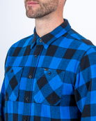 Foreign Rider Co Organic Cotton Blue Flannel Plaid 01 Long Sleeve Button Up Shirt Chest Button Pocket and Shoulder Detail