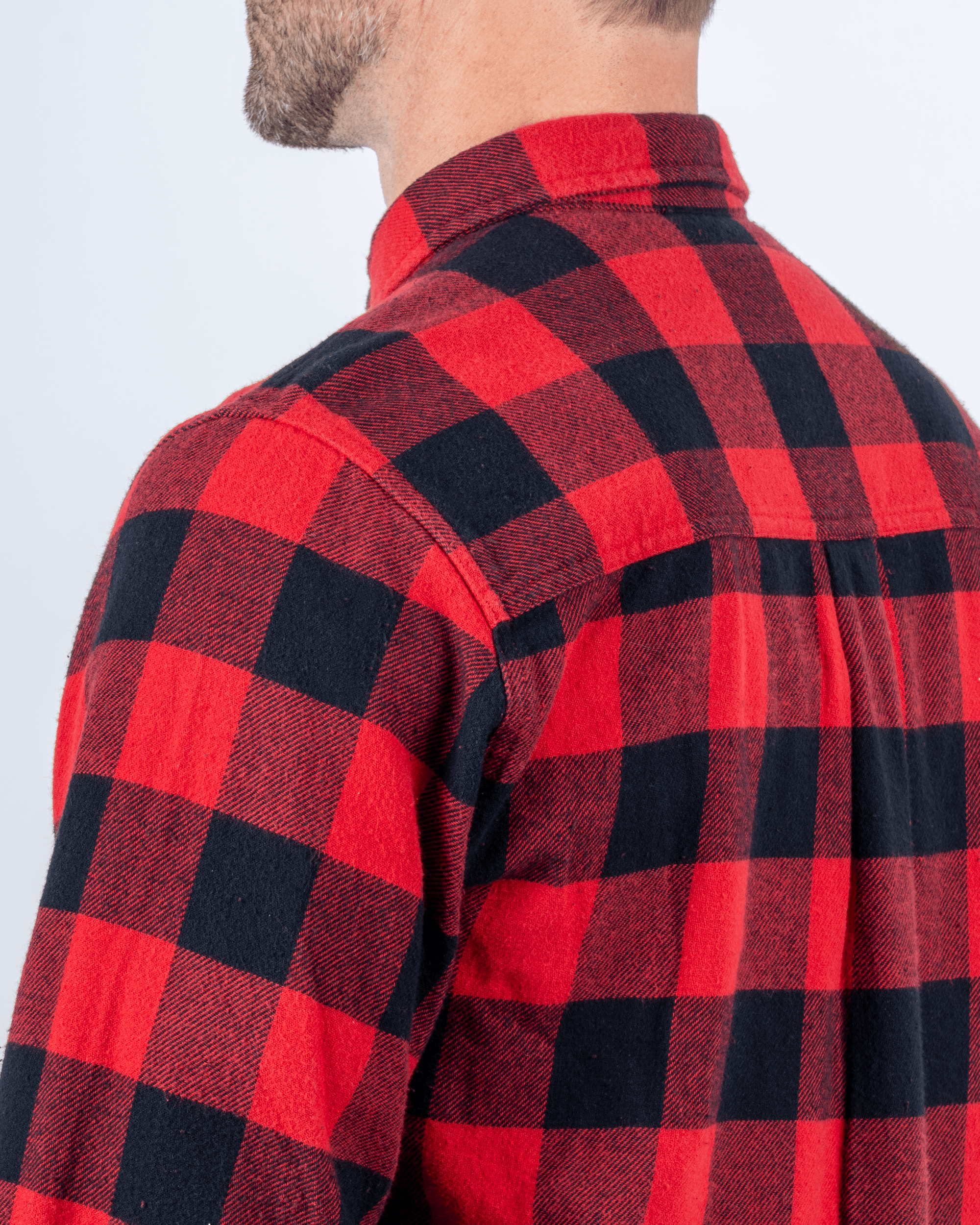 Foreign Rider Co Organic Cotton Red Flannel Plaid 01 Long Sleeve Button Up Shirt Back Shoulder and Collar Detail
