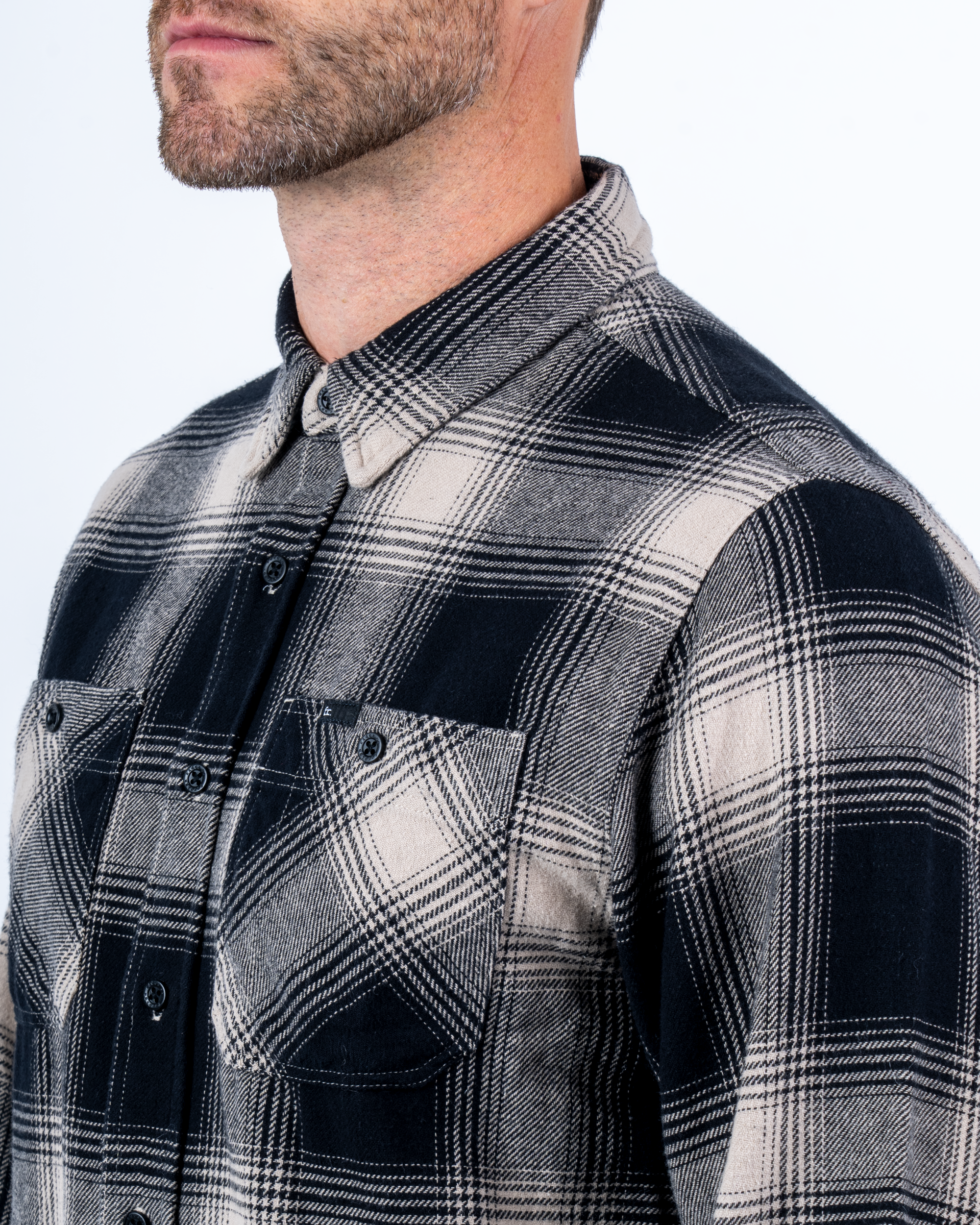 Foreign Rider Co Organic Cotton Black Flannel Plaid Long Sleeve Button Up Shirt Chest Button Pocket and Shoulder Detail