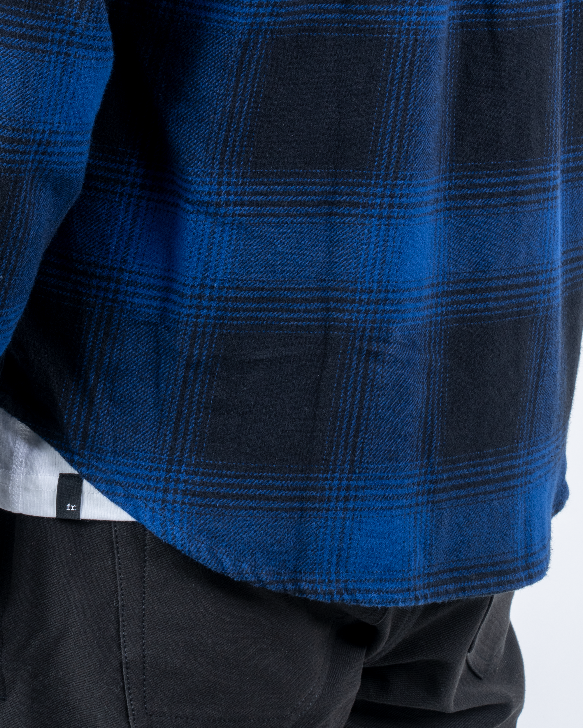 Foreign Rider Co Organic Cotton Blue Flannel Plaid Long Sleeve Button Up Shirt Bottom Back Scoop Detail