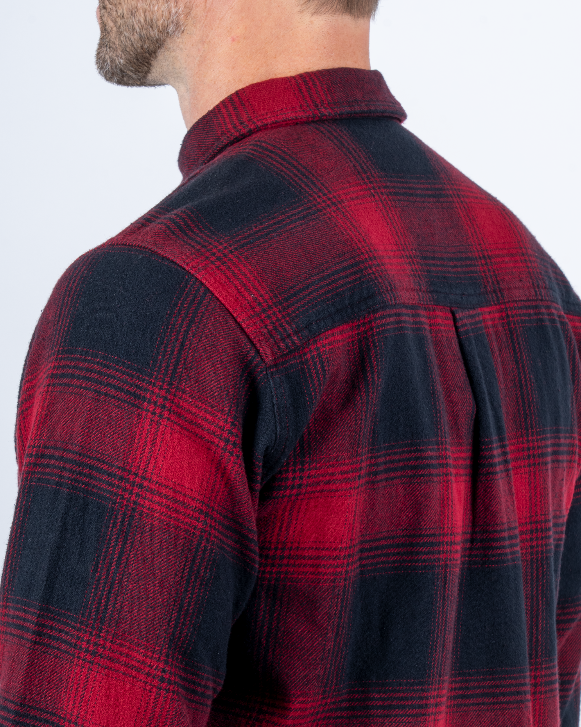 Foreign Rider Co Organic Cotton Red Flannel Plaid Long Sleeve Button Up Shirt Back Shoulder and Collar Detail