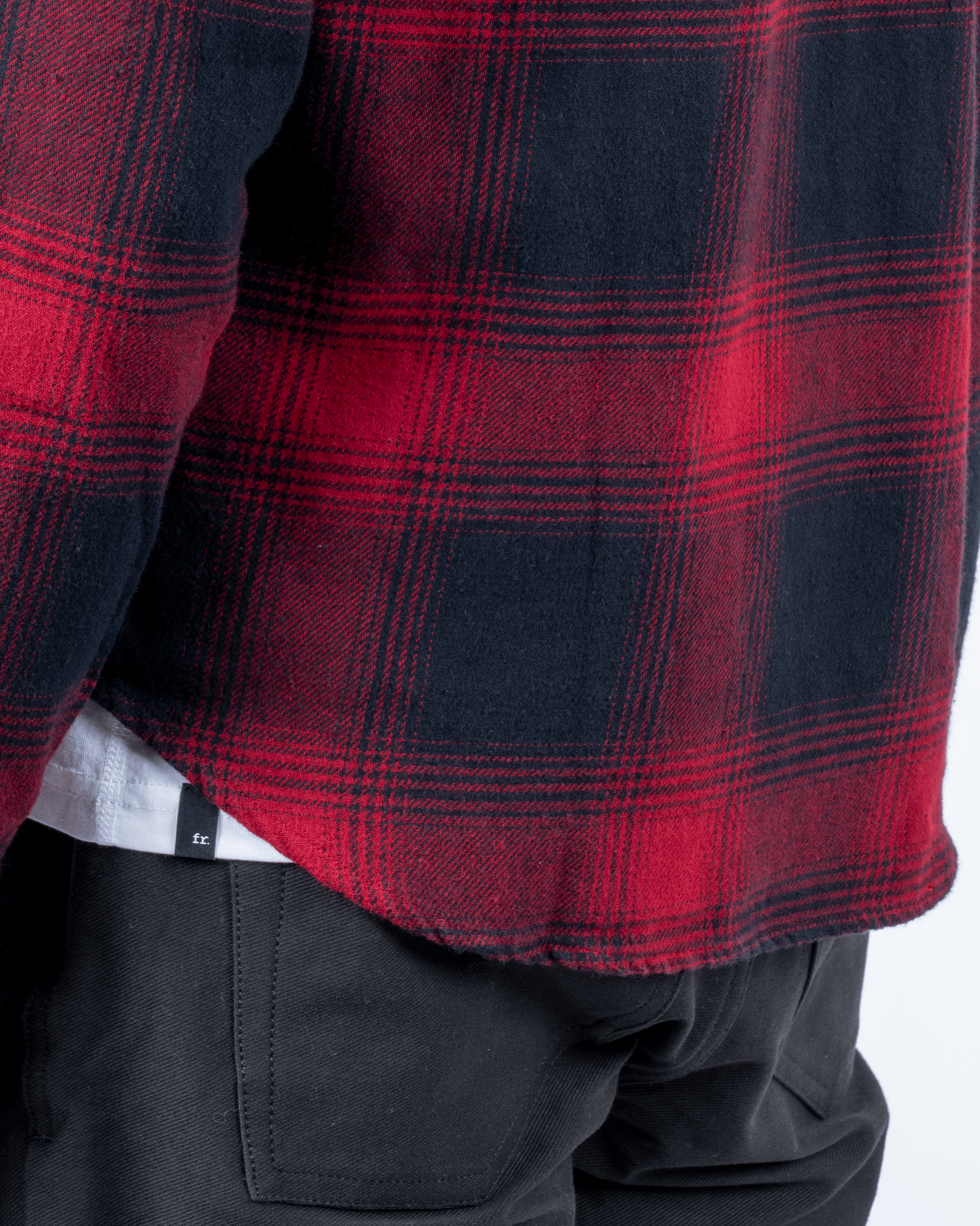 Foreign Rider Co Organic Cotton Red Flannel Plaid Long Sleeve Button Up Shirt Bottom Back Scoop Detail