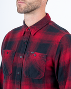 Foreign Rider Co Organic Cotton Red Flannel Plaid Long Sleeve Button Up Shirt Chest Button Pocket and Shoulder Detail