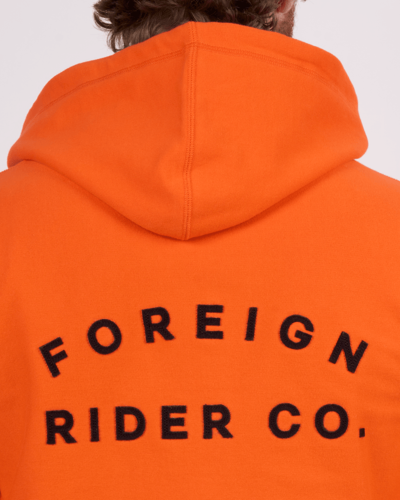 Foreign Rider Co Cotton Orange Left Chest FR Logo Zip Hoodie Backside Logo Detail