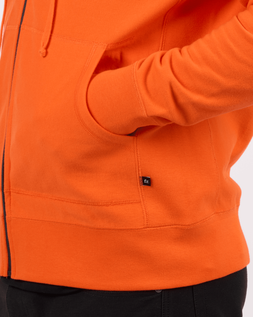 Foreign Rider Co Cotton Orange Left Chest FR Logo Zip Hoodie Pocket Detail