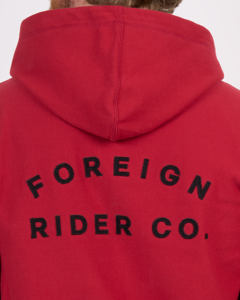 Foreign Rider Co Cotton Red Left Chest FR Logo Zip Hoodie Backside Logo Detail
