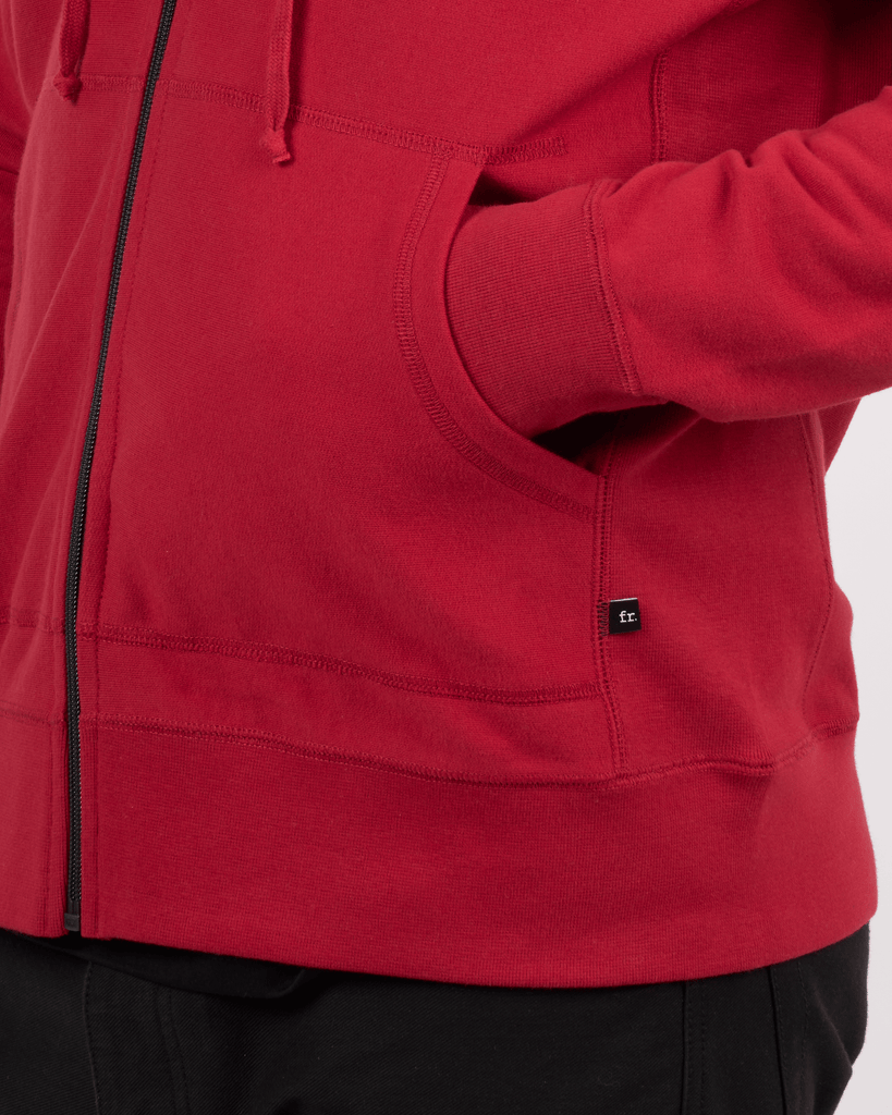Foreign Rider Co Cotton Red Left Chest FR Logo Zip Hoodie Pocket Detail