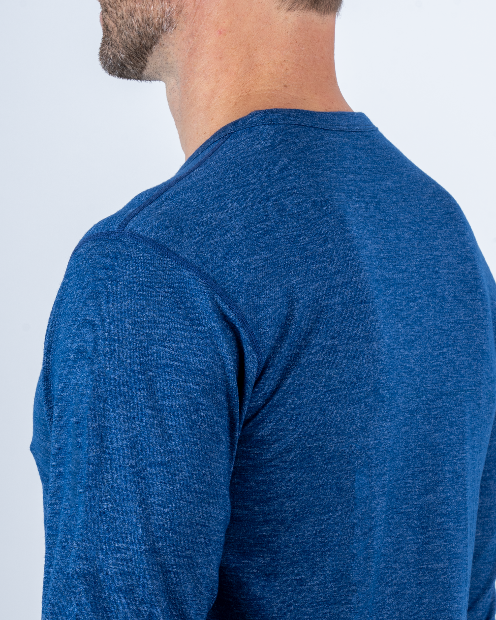 Foreign Rider Co Nuyarn Merino Wool Blue Heather Base Layer Long Sleeve T-Shirt Back Shoulder and Neck Detail
