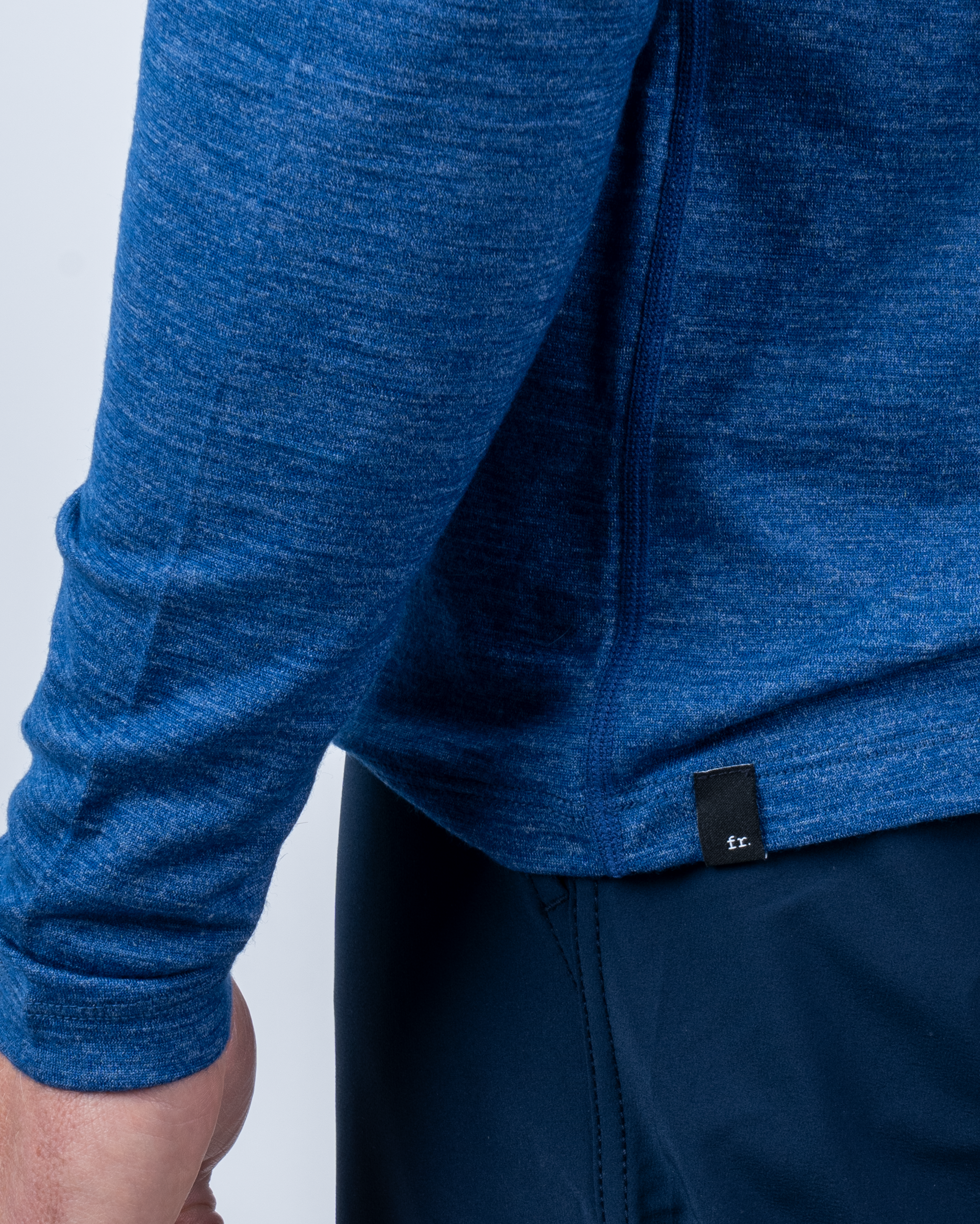 Foreign Rider Co Nuyarn Merino Wool Blue Heather Base Layer Long Sleeve T-Shirt Side Bottom FR Tag Close Up