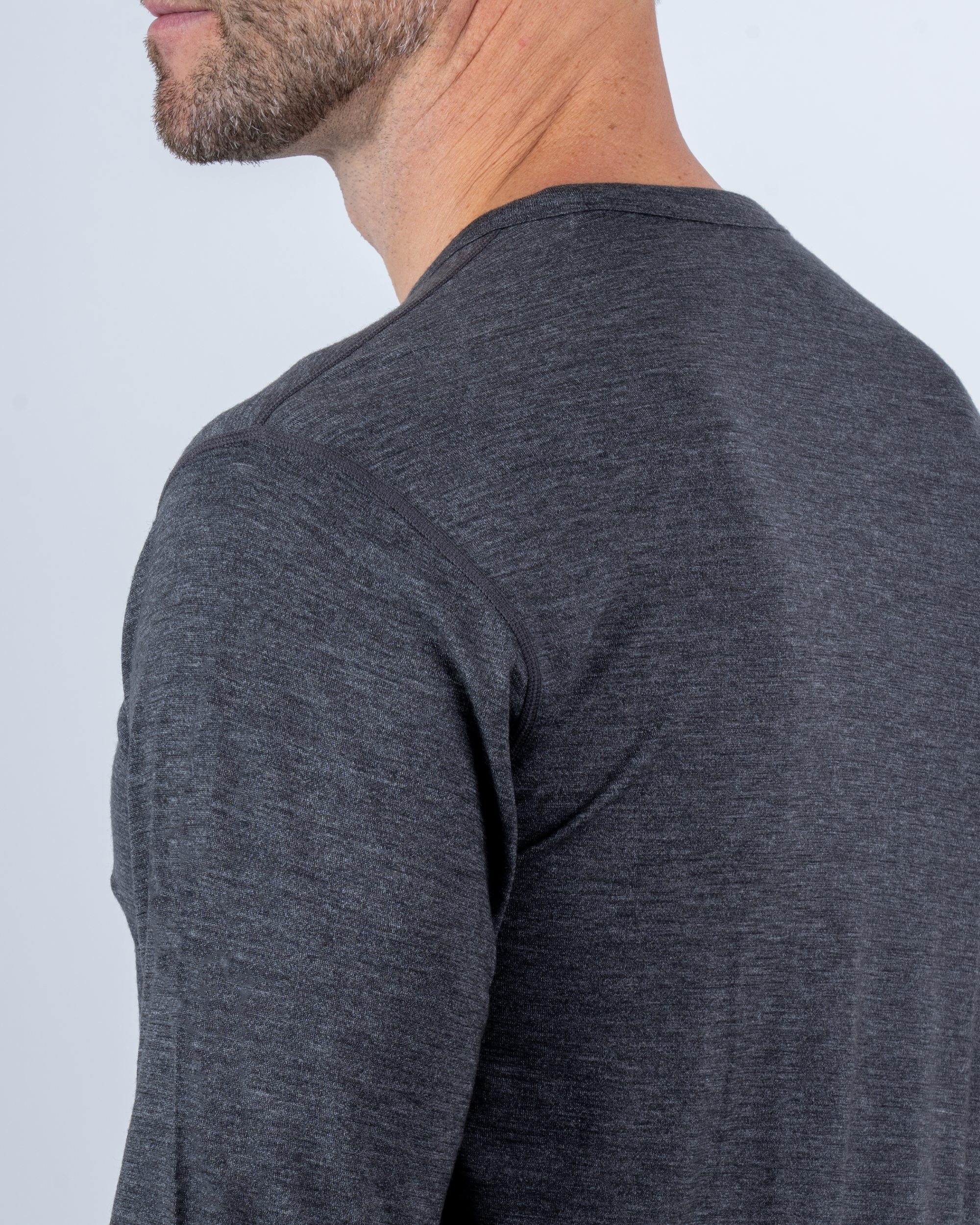 Foreign Rider Co Nuyarn Merino Wool Dark Grey Base Layer Long Sleeve T-Shirt Back Shoulder and Neck Detail