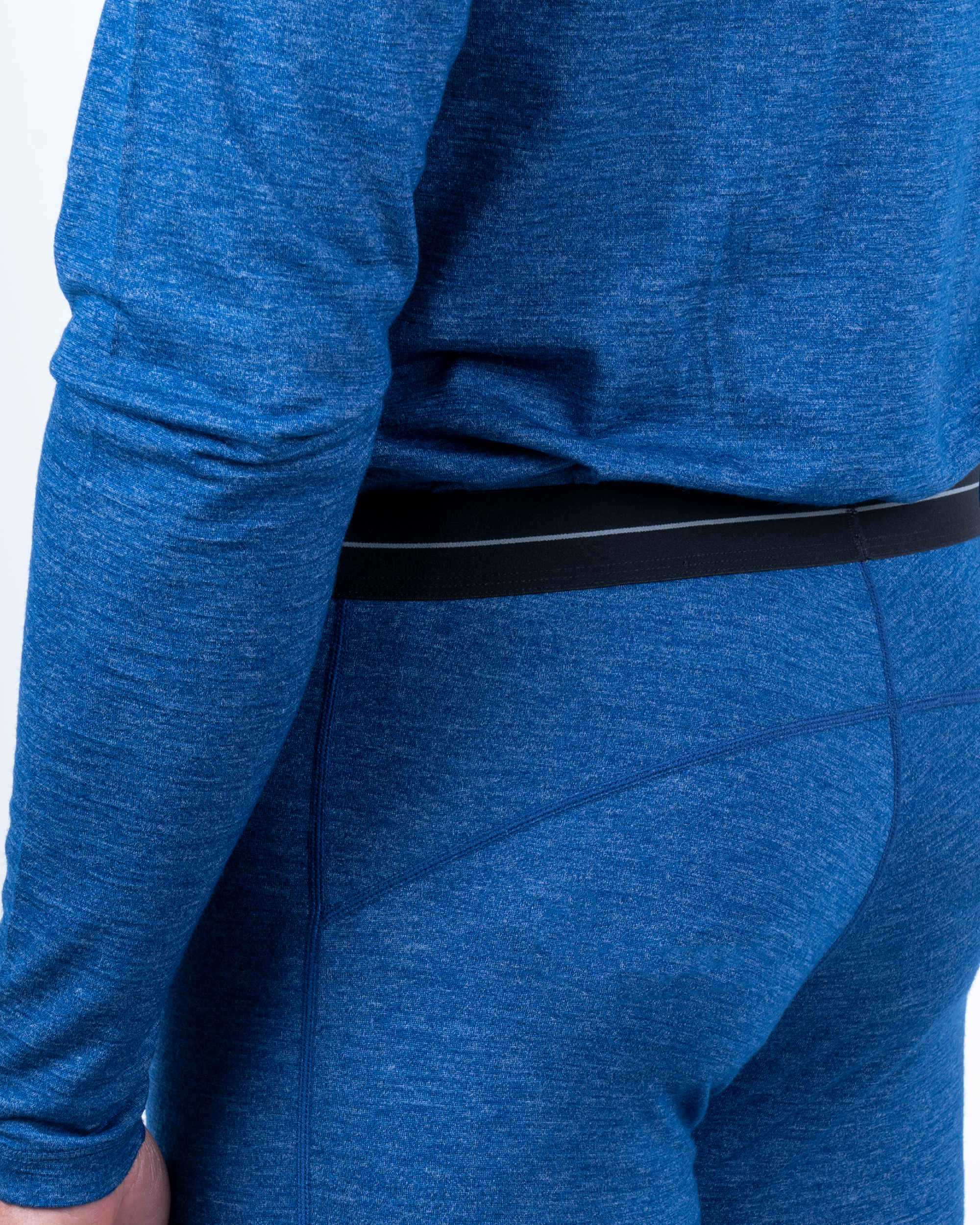 Foreign Rider Co Nuyarn Merino Wool Blue Heather Base Layer Tights Side Bottom Stretch Waistband Close Up