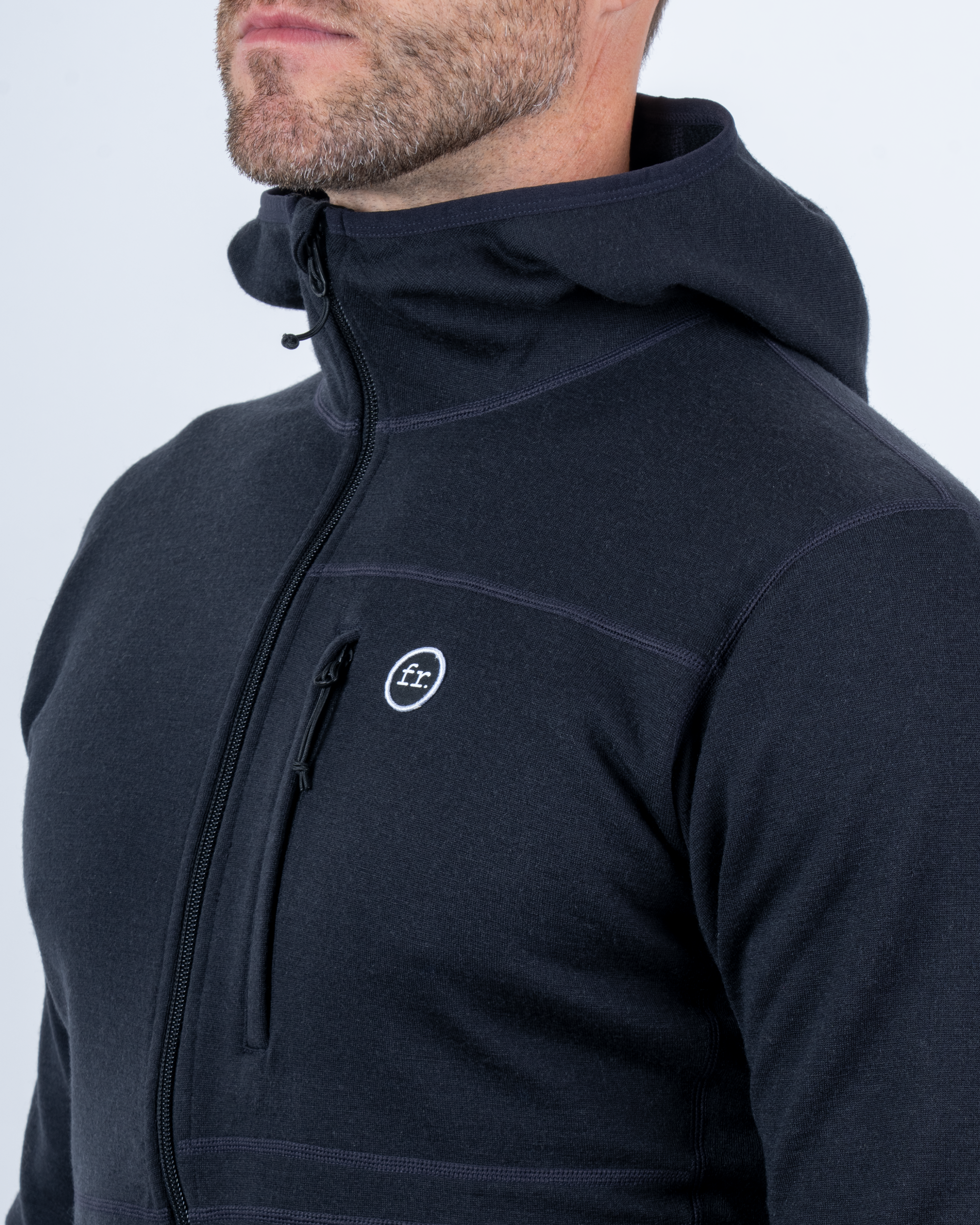 Foreign Rider Co Nuyarn Merino Wool Black Hooded Jacket Chest Logo and Zip Pocket