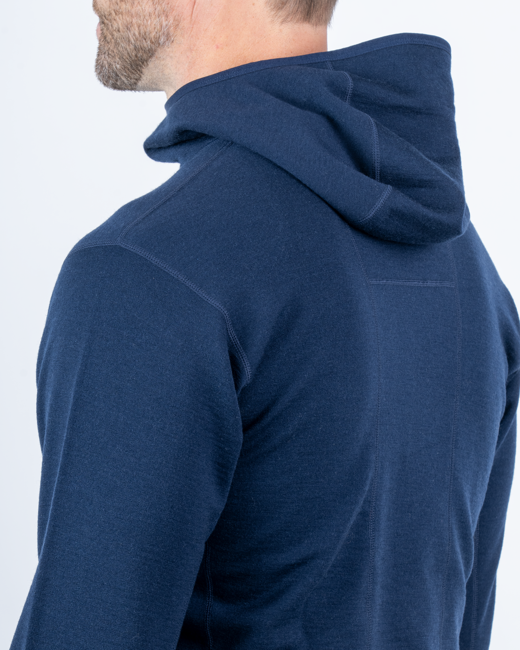 Foreign Rider Co Nuyarn Merino Wool Navy Hooded Jacket Back Shoulder and Hood Detail