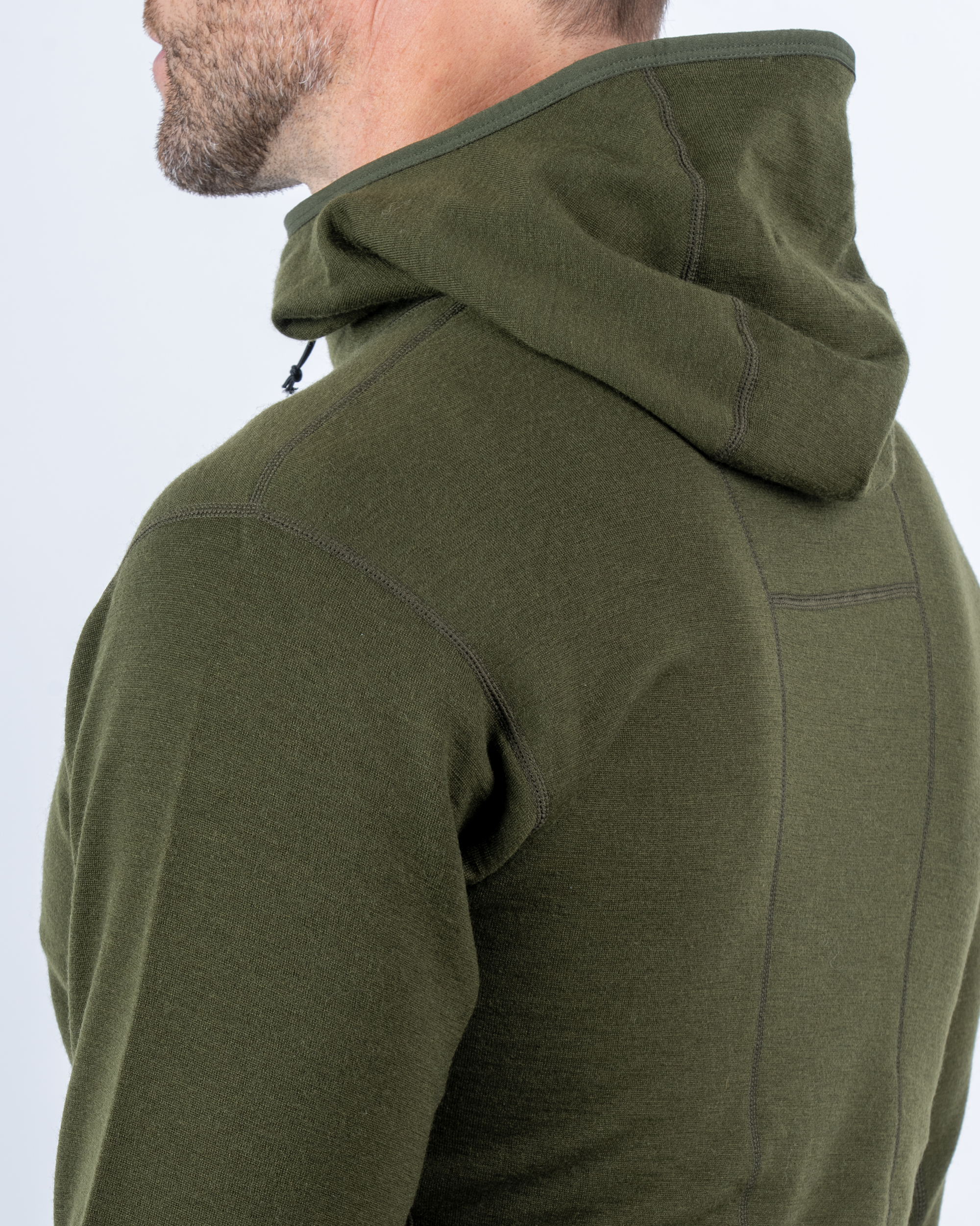 Foreign Rider Co Nuyarn Merino Wool Olive Hooded Jacket Back Shoulder and Hood Detail