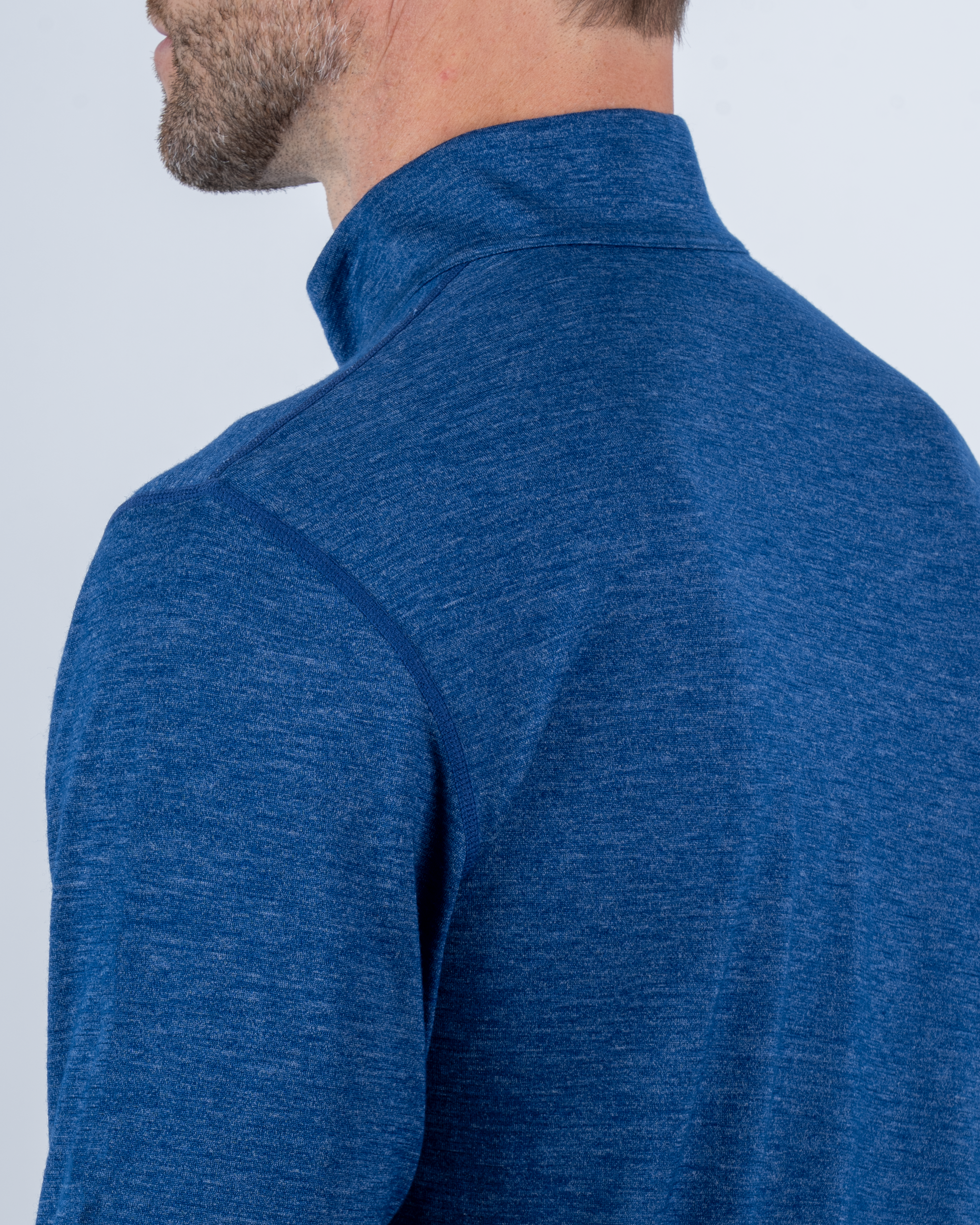 Foreign Rider Co Nuyarn Merino Wool Blue Heather Quarter Zip Sweater Back Shoulder and Neck Detail