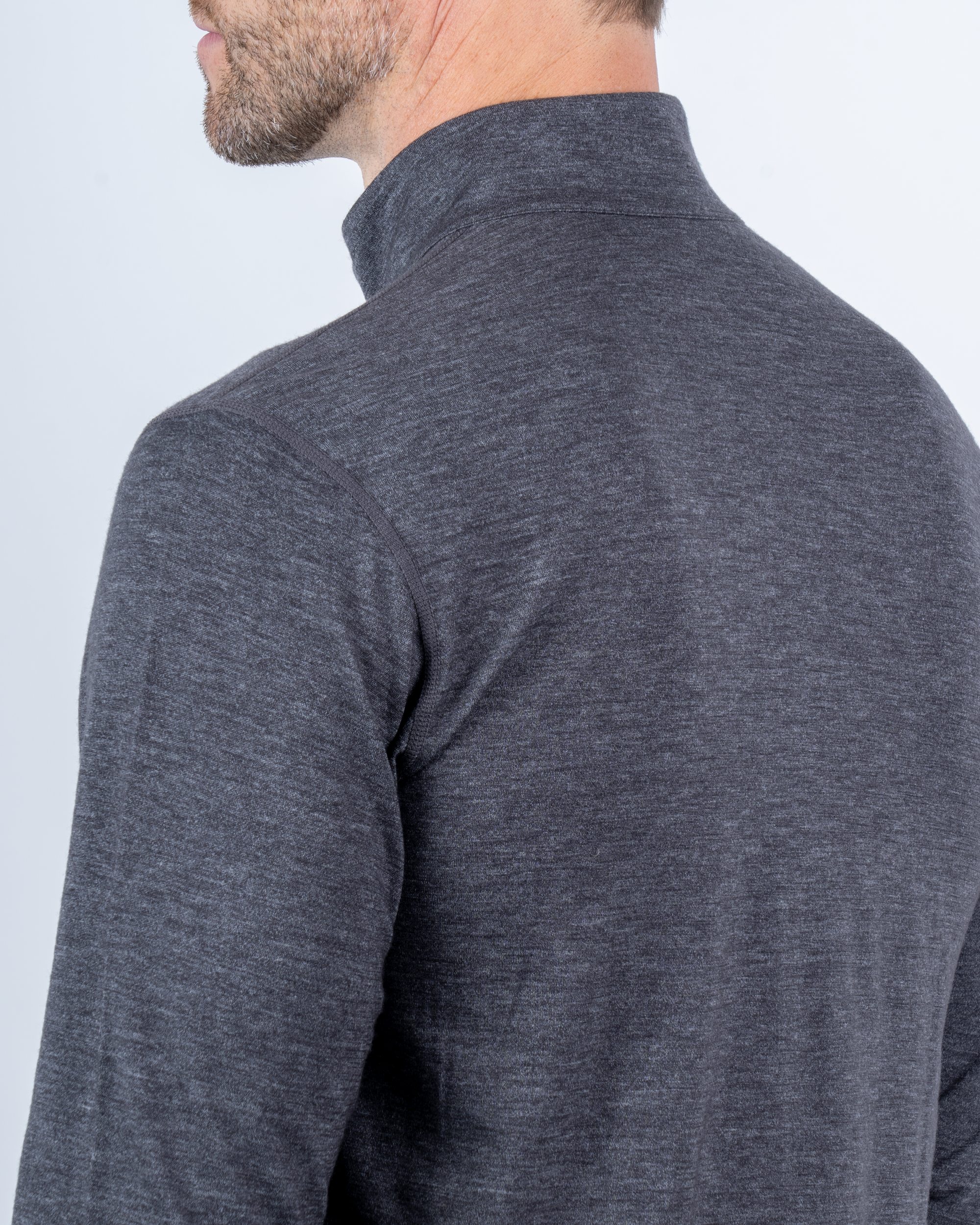 Foreign Rider Co Nuyarn Merino Wool Grey Quarter Zip Sweater Back Shoulder and Neck Detail
