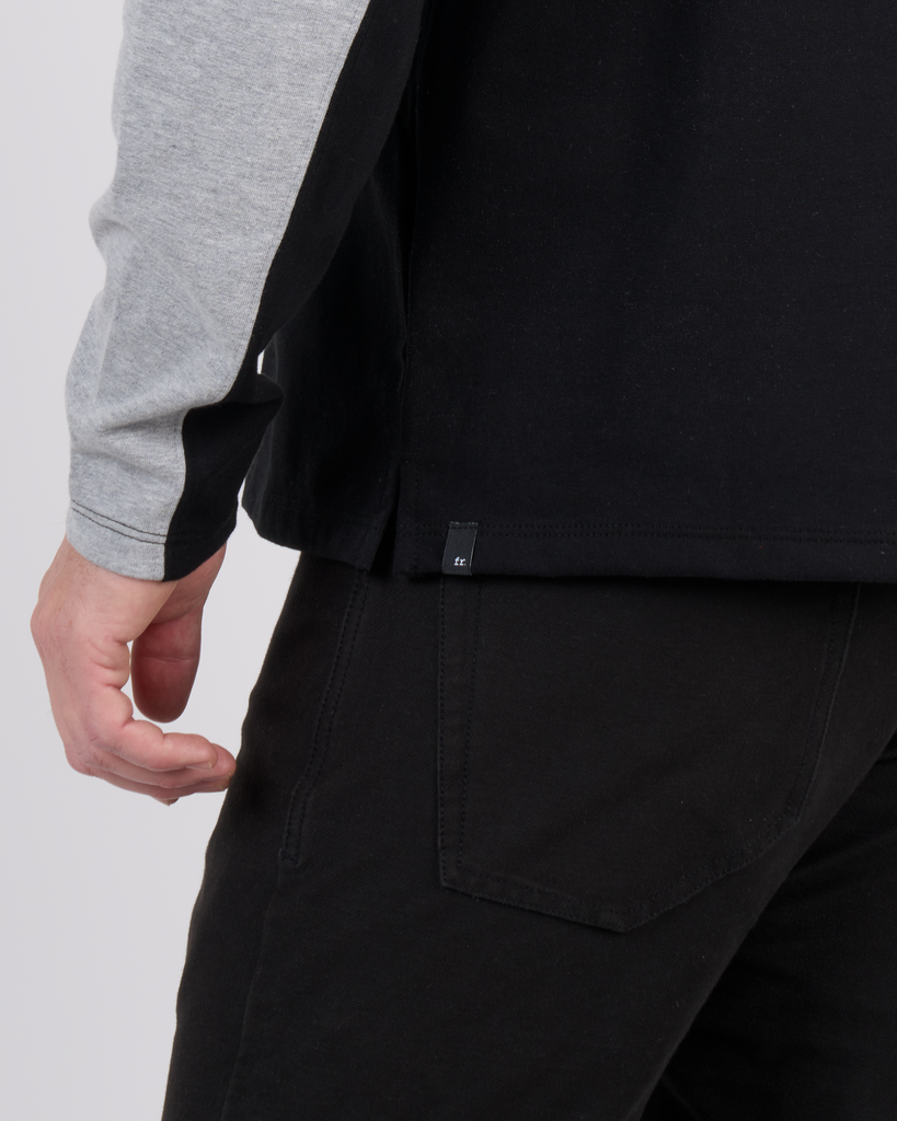 Foreign Rider Co Heavyweight Cotton Black Grey Color-blocked Long Sleeve T-Shirt Bottom Side Split Seam & Cuff Detail