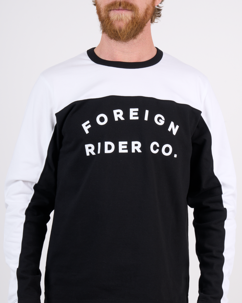 Foreign Rider Co Heavyweight Cotton Black White Color-blocked Long Sleeve T-Shirt Chest Logo Graphic Detail