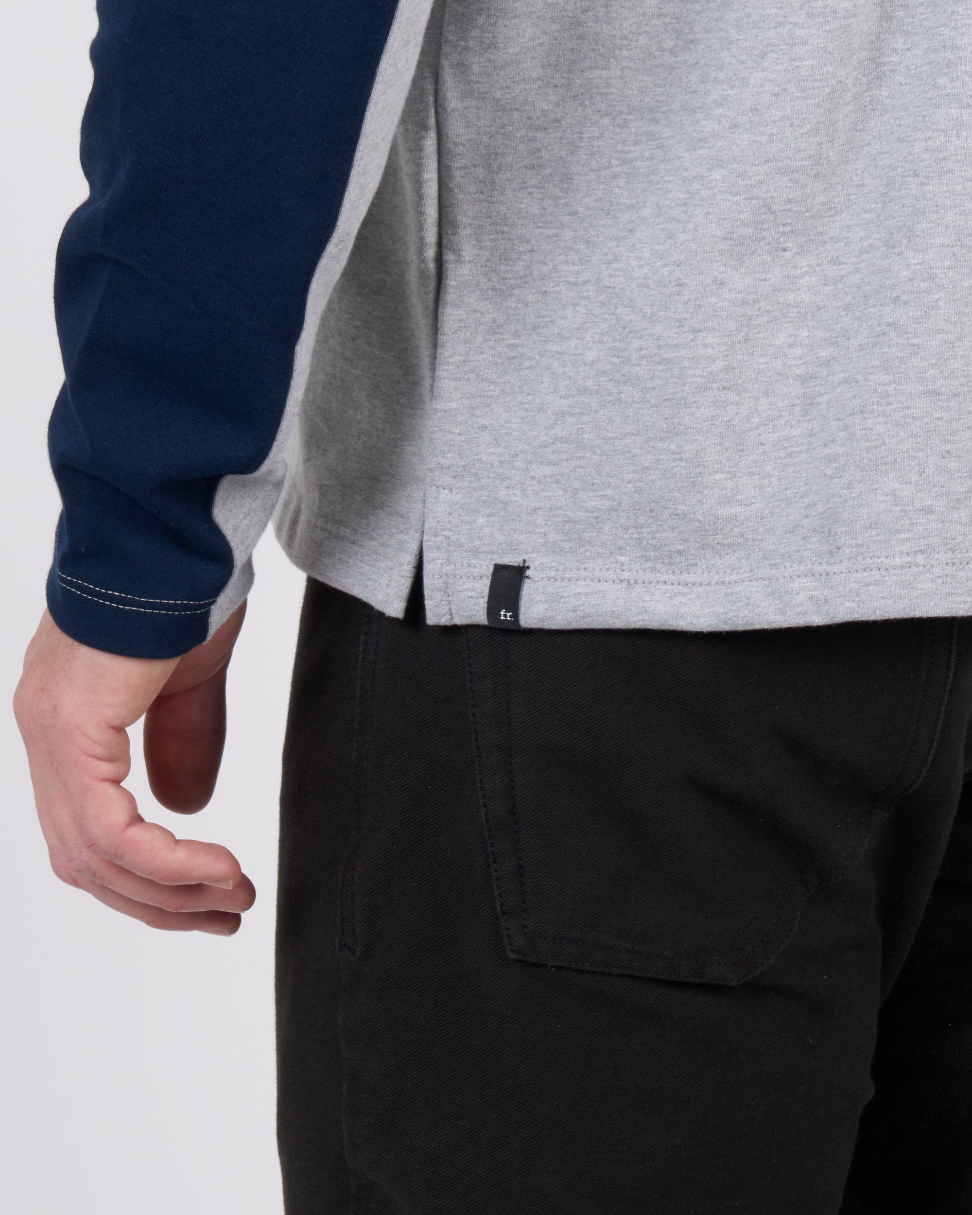 Foreign Rider Co Heavyweight Cotton Navy Grey Color-blocked Long Sleeve T-Shirt Bottom Side Split Seam & Cuff Detail