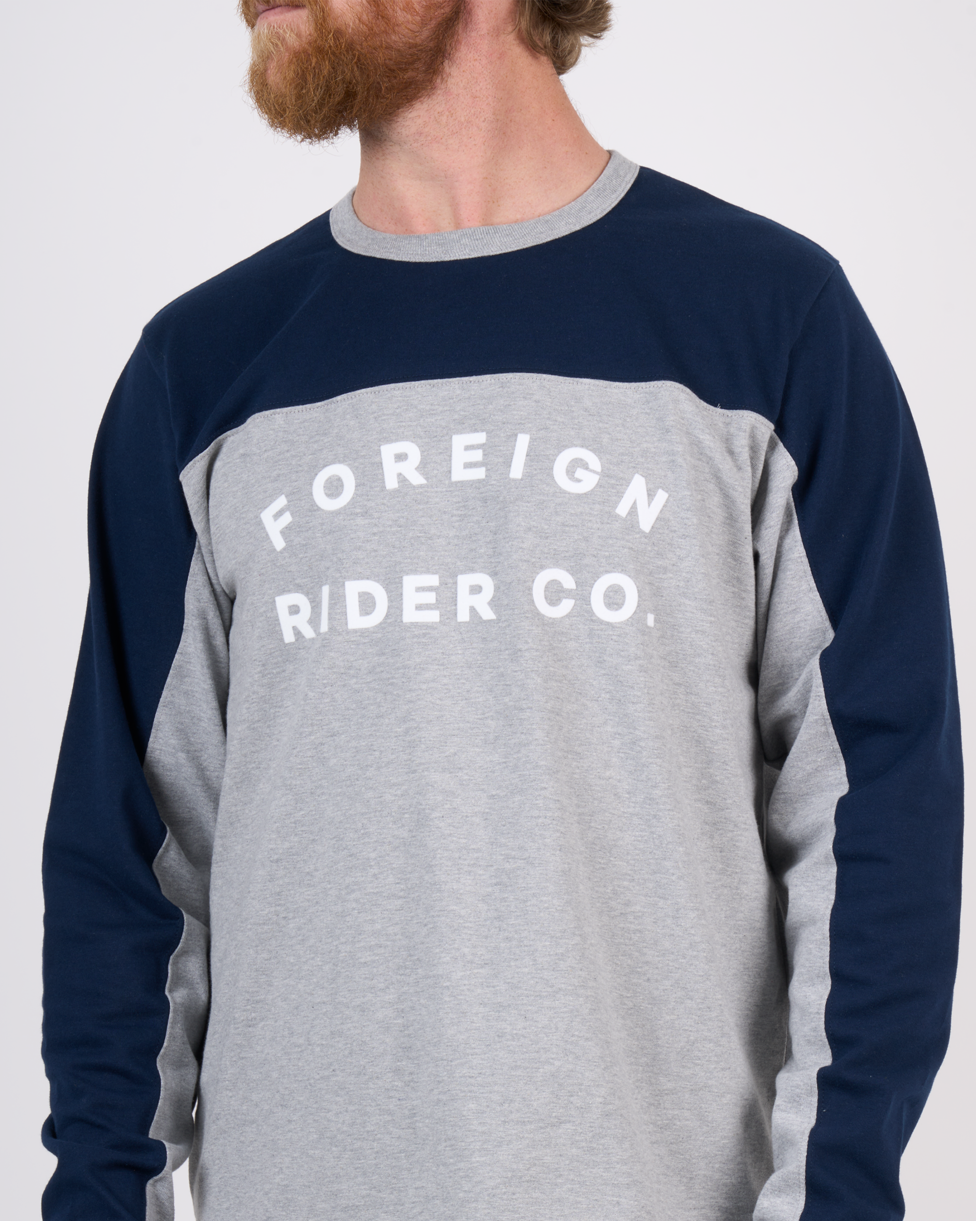 Foreign Rider Co Heavyweight Cotton Navy Grey Color-blocked Long Sleeve T-Shirt Chest Logo Graphic Detail