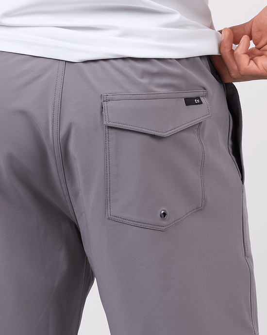 Foreign Rider Co Technical Fabric Grey Boardshorts Back Pocket/Tag Detail