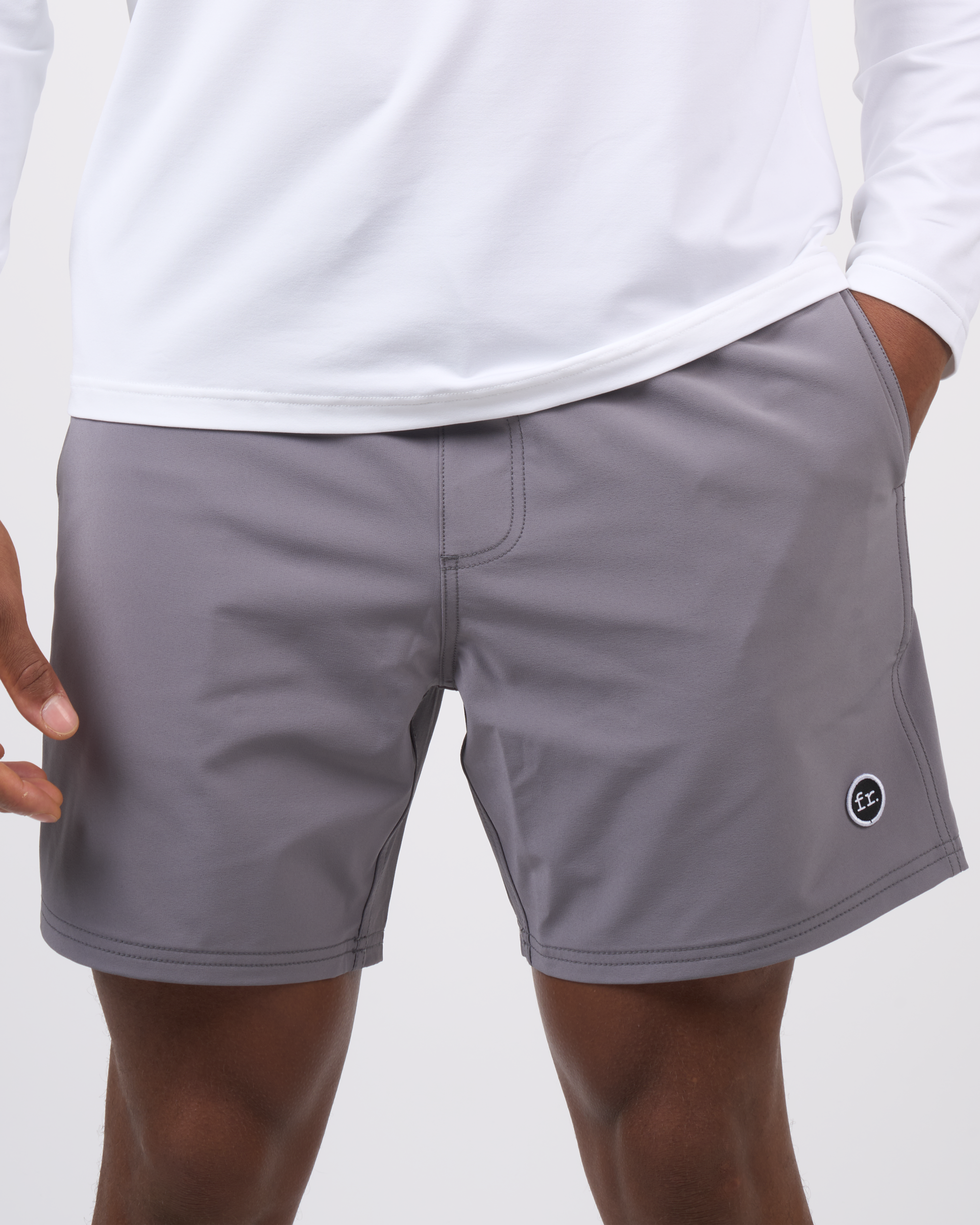 Foreign Rider Co Technical Fabric Grey Boardshorts Model Closeup Front Detail