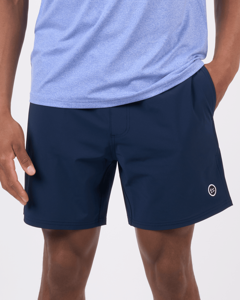 Foreign Rider Co Technical Fabric Navy Boardshorts Model Closeup Front Detail