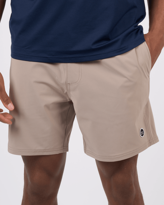 Foreign Rider Co Technical Fabric Tan Boardshorts Model Closeup Front Detail