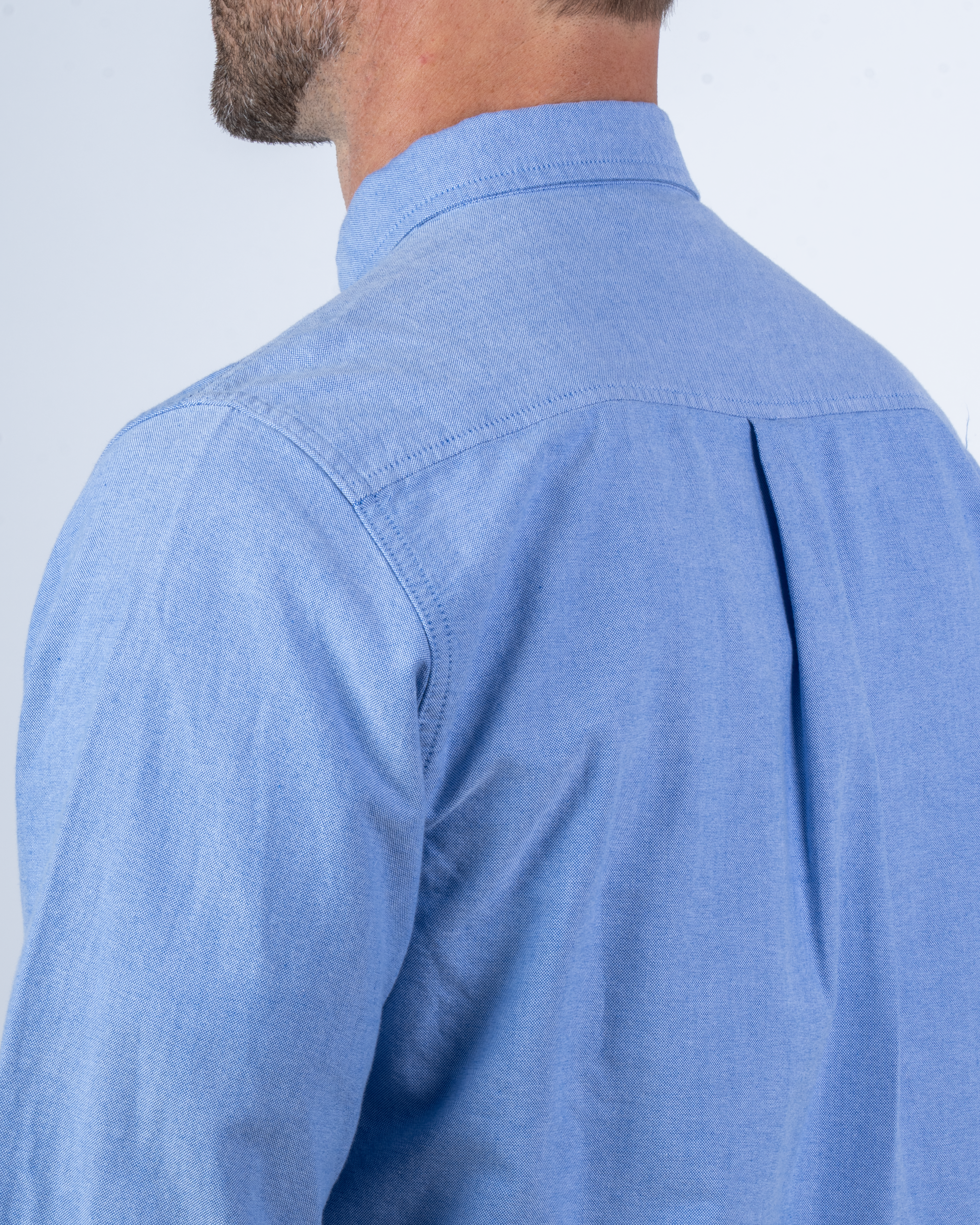 Foreign Rider Co Organic Cotton Blue Utility Button Down Oxford Back Shoulder and Neck Detail