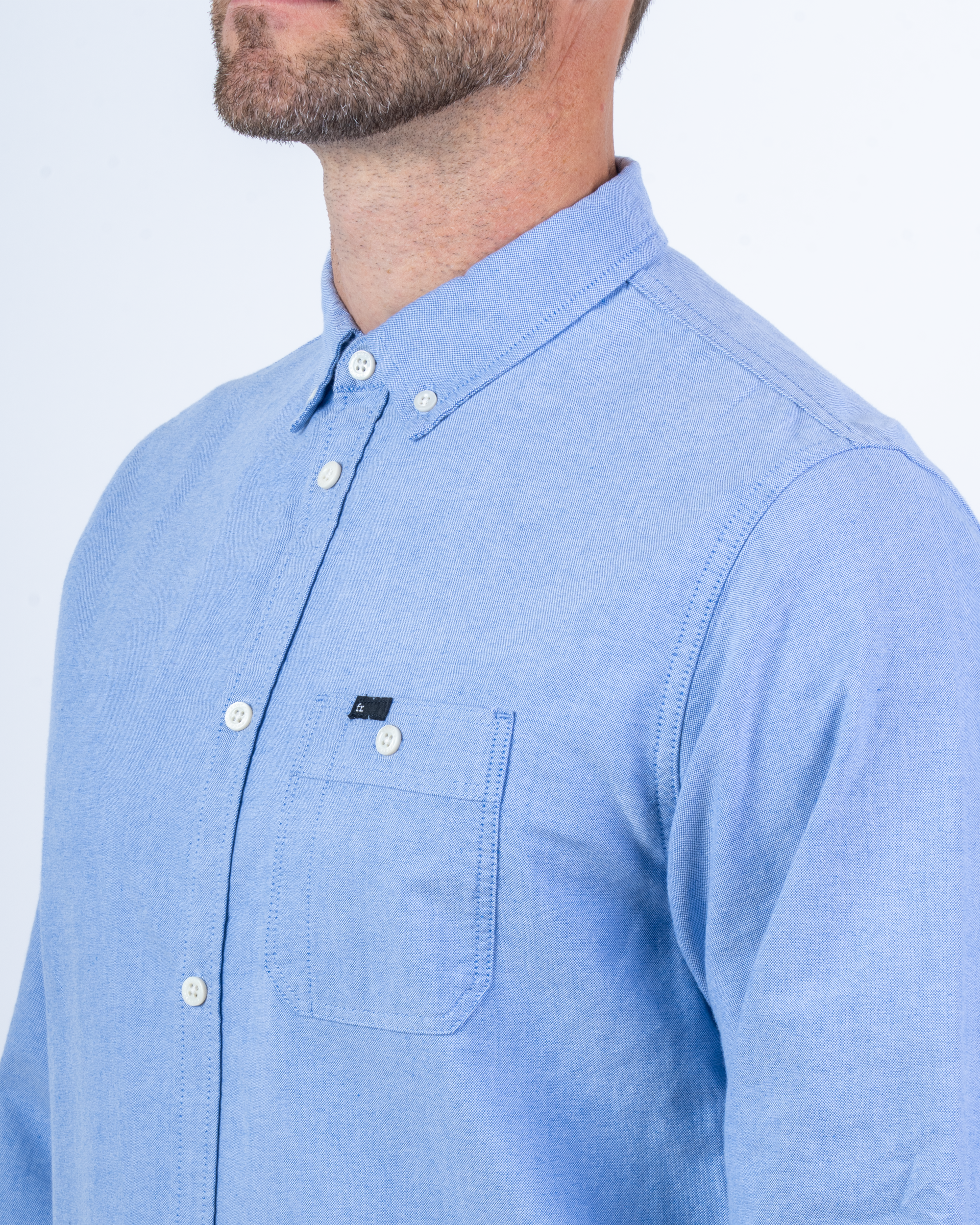 Foreign Rider Co Organic Cotton Blue Utility Button Down Oxford Button Chest Pocket and Shoulder Detail