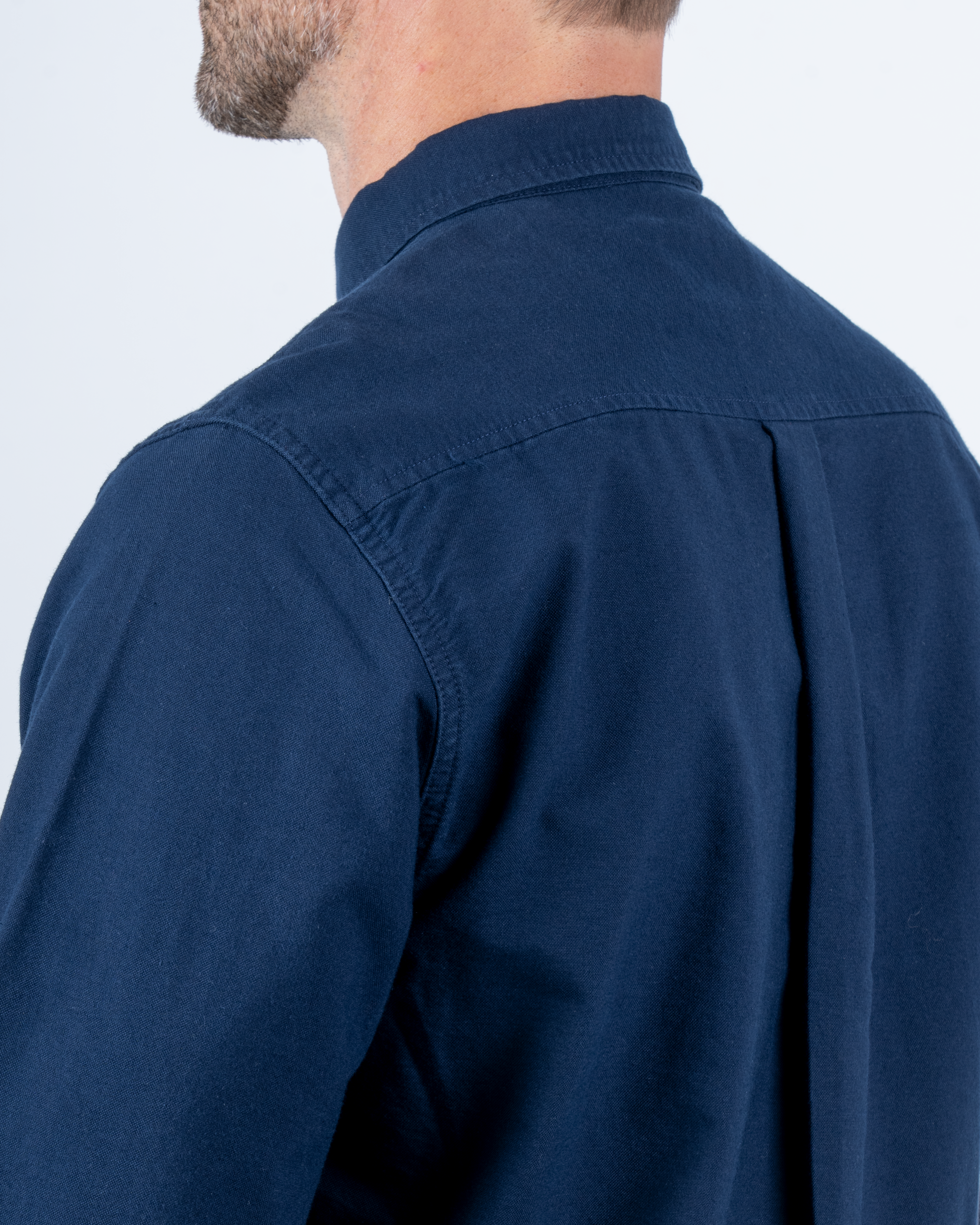 Foreign Rider Co Organic Cotton Navy Utility Button Down Oxford Back Shoulder and Neck Detail