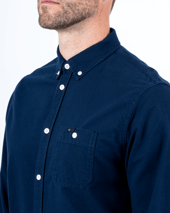 Foreign Rider Co Organic Cotton Navy Utility Button Down Oxford Button Chest Pocket and Shoulder Detail