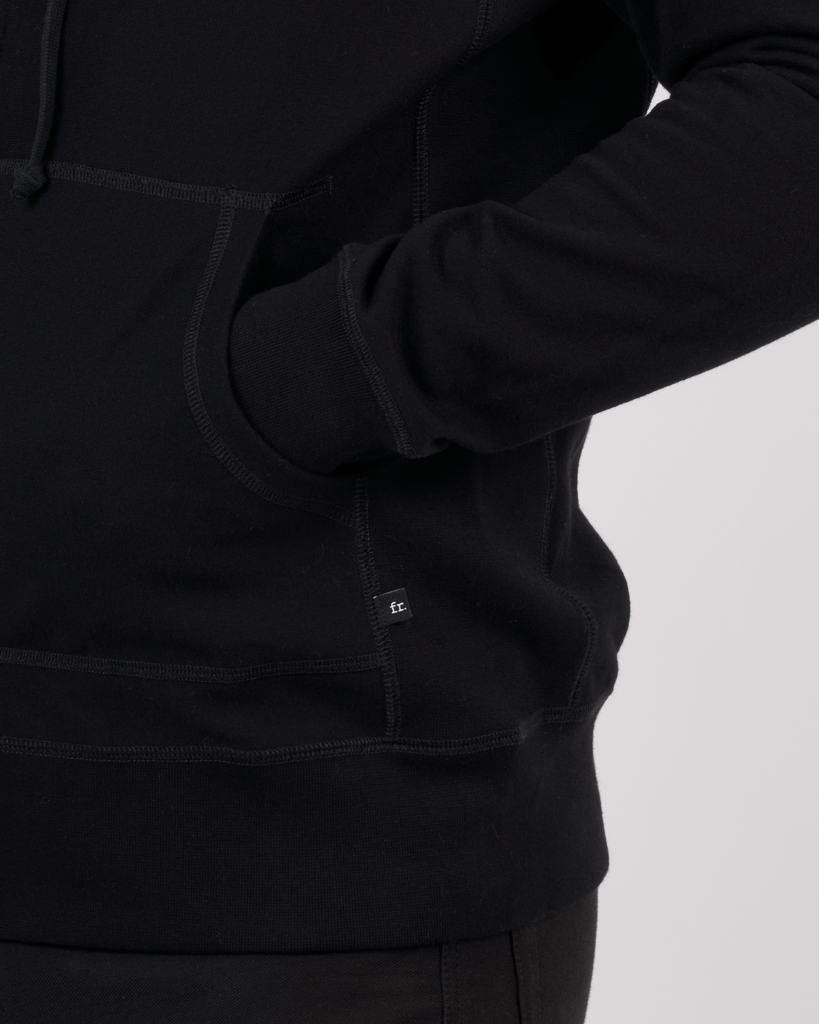 Foreign Rider Co Organic Cotton Black Zip Hoodie Sweater Front Hand Pocket Detail