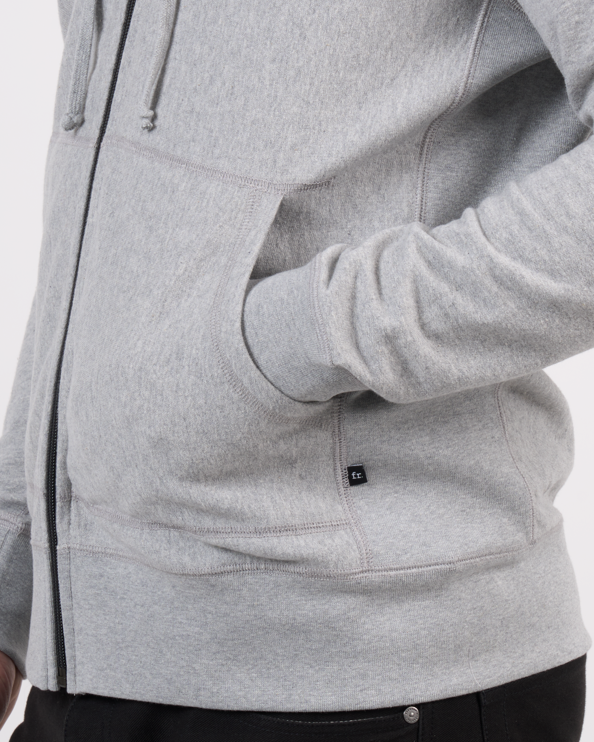 Foreign Rider Co Organic Cotton Grey Zip Hoodie Sweater Front Hand Pocket Detail