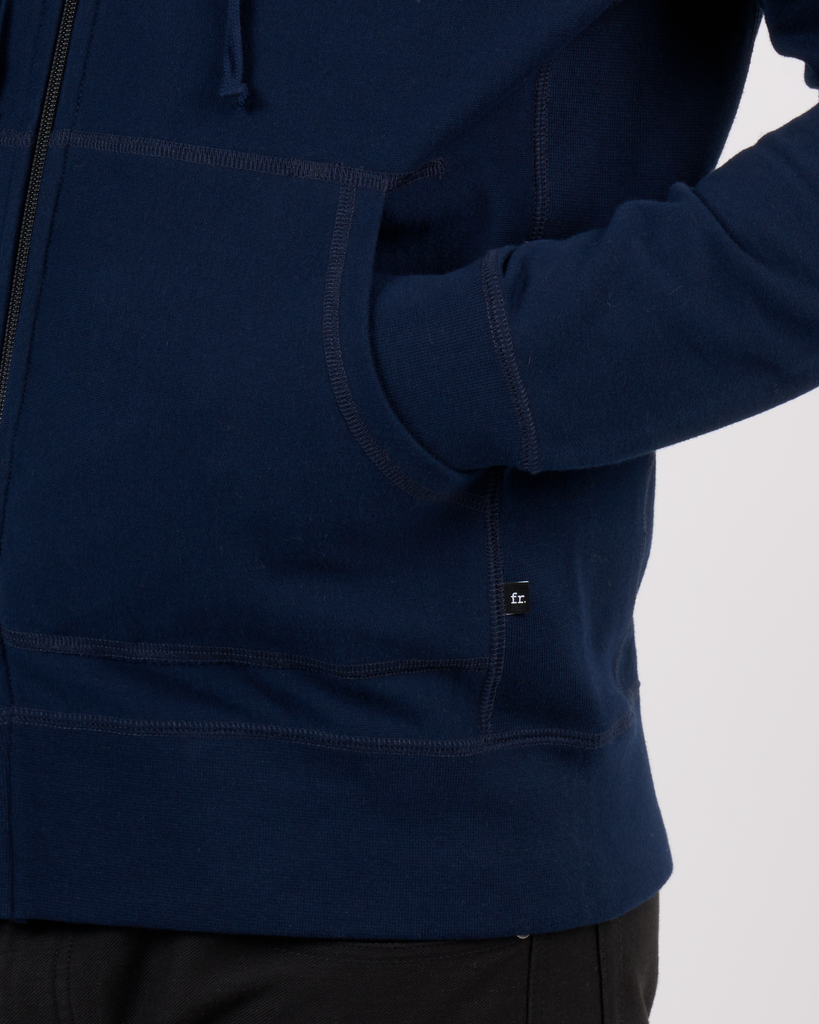 Foreign Rider Co Organic Cotton Navy Zip Hoodie Sweater Front Hand Pocket Detail
