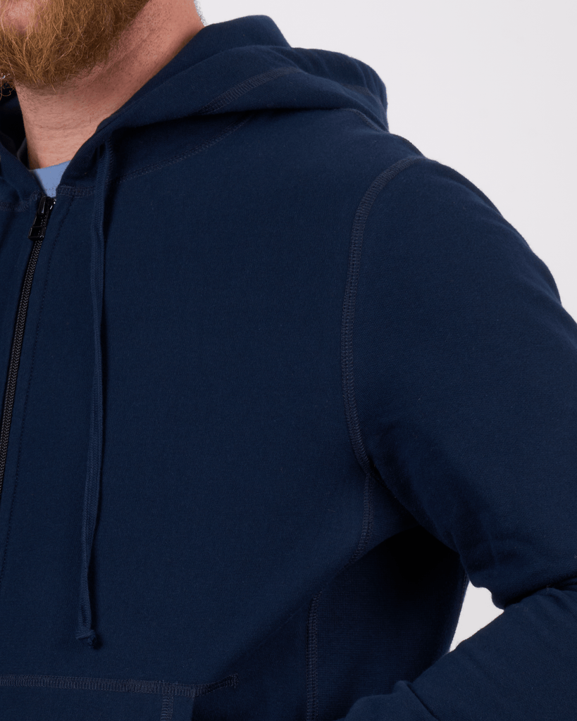 Foreign Rider Co Organic Cotton Navy Zip Hoodie Sweater Shoulder Detail
