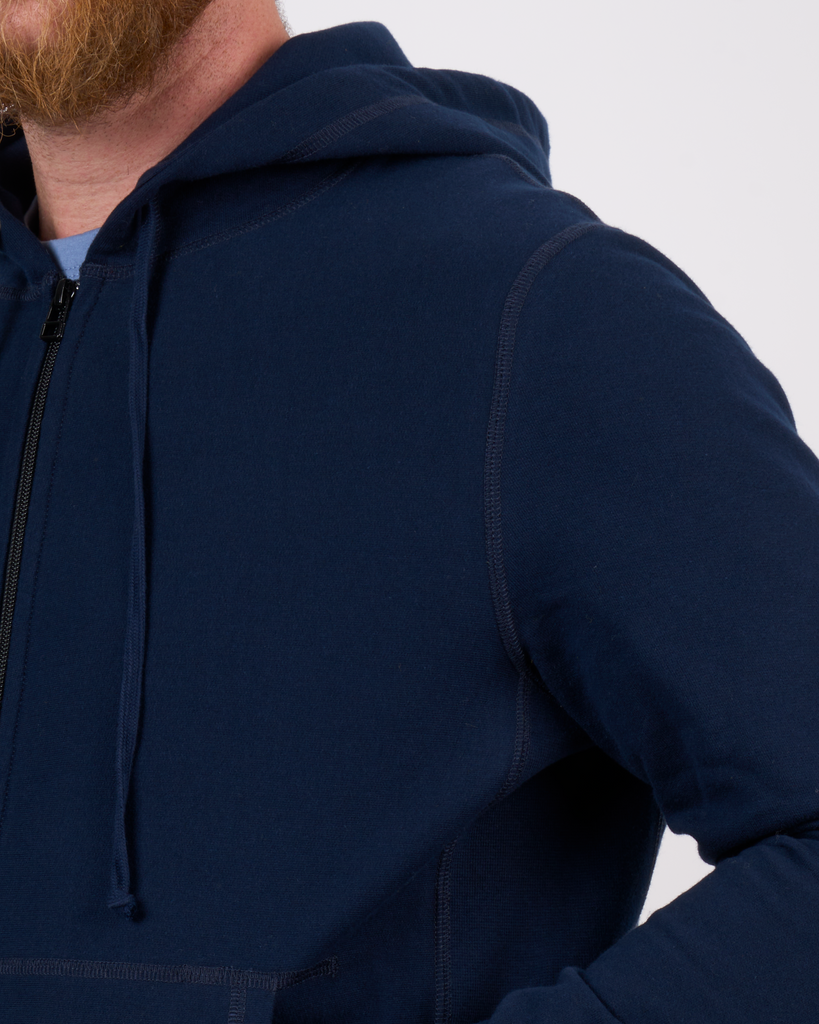 Foreign Rider Co Organic Cotton Navy Zip Hoodie Sweater Shoulder Detail