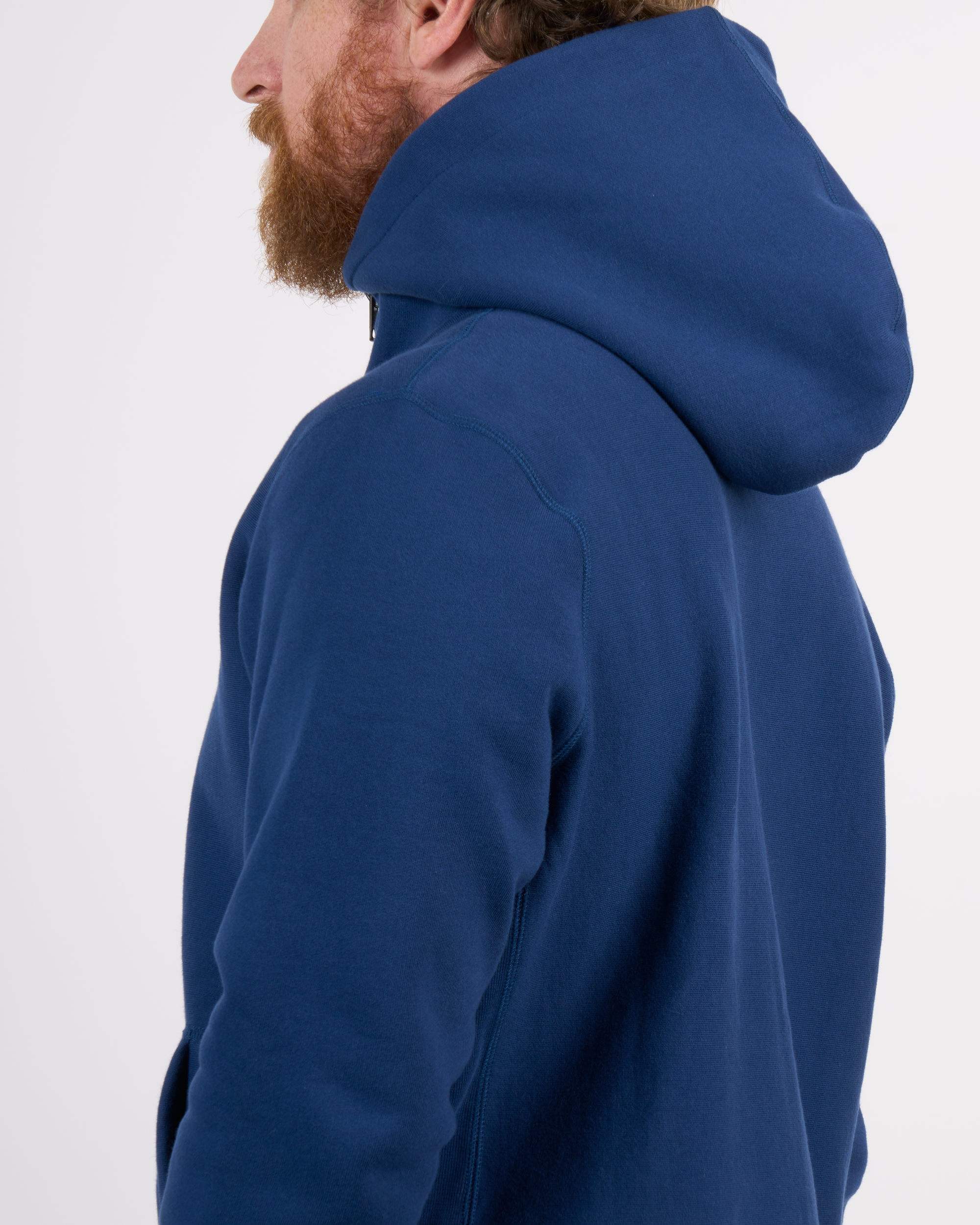 Foreign Rider Co Cotton Navy High Neck Hooded Sweater Hood Shoulder Detail