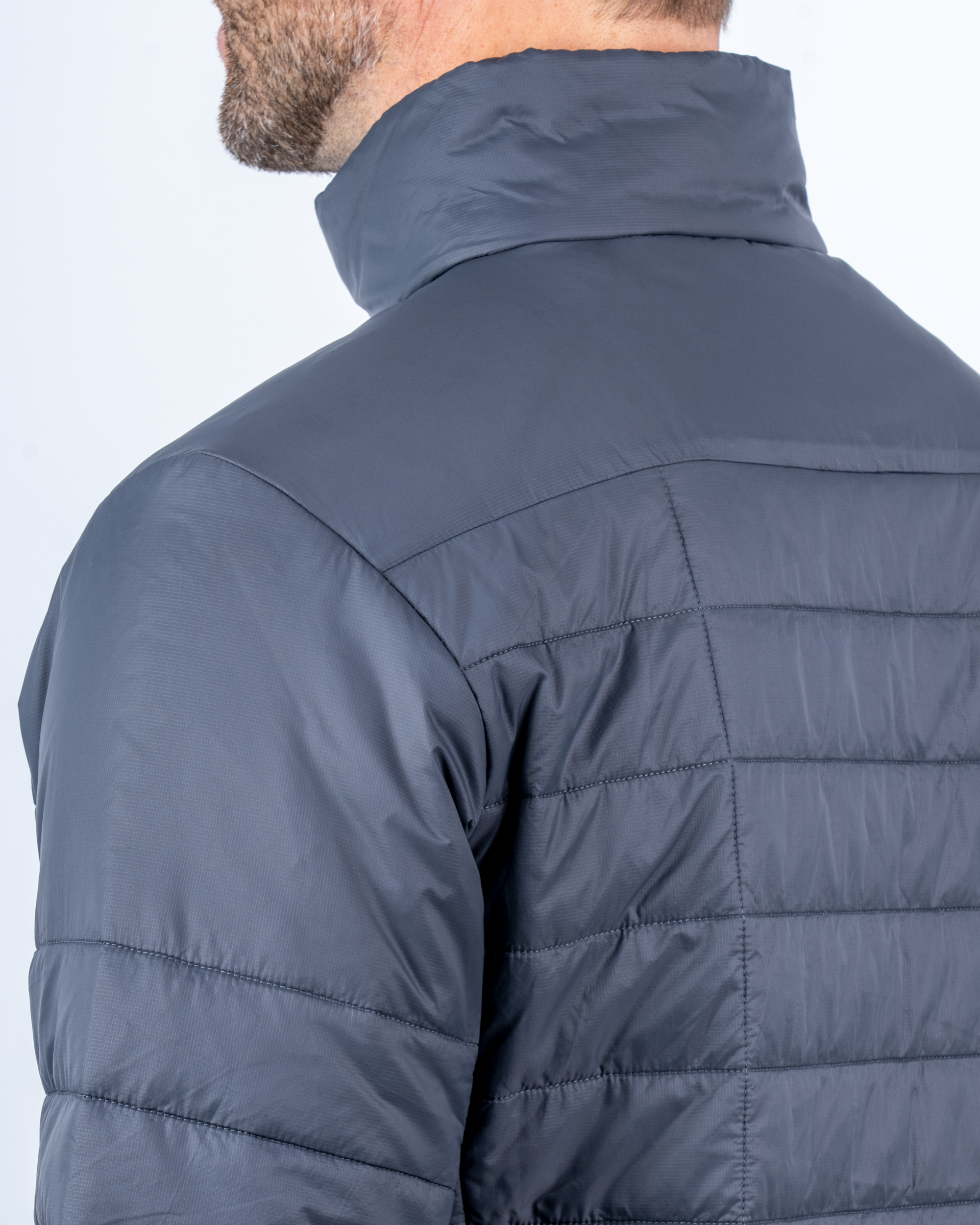 Foreign Rider Co Recycled Primaloft Gold Insulated Eco Grey Jacket Back Shoulder and Neck Detail