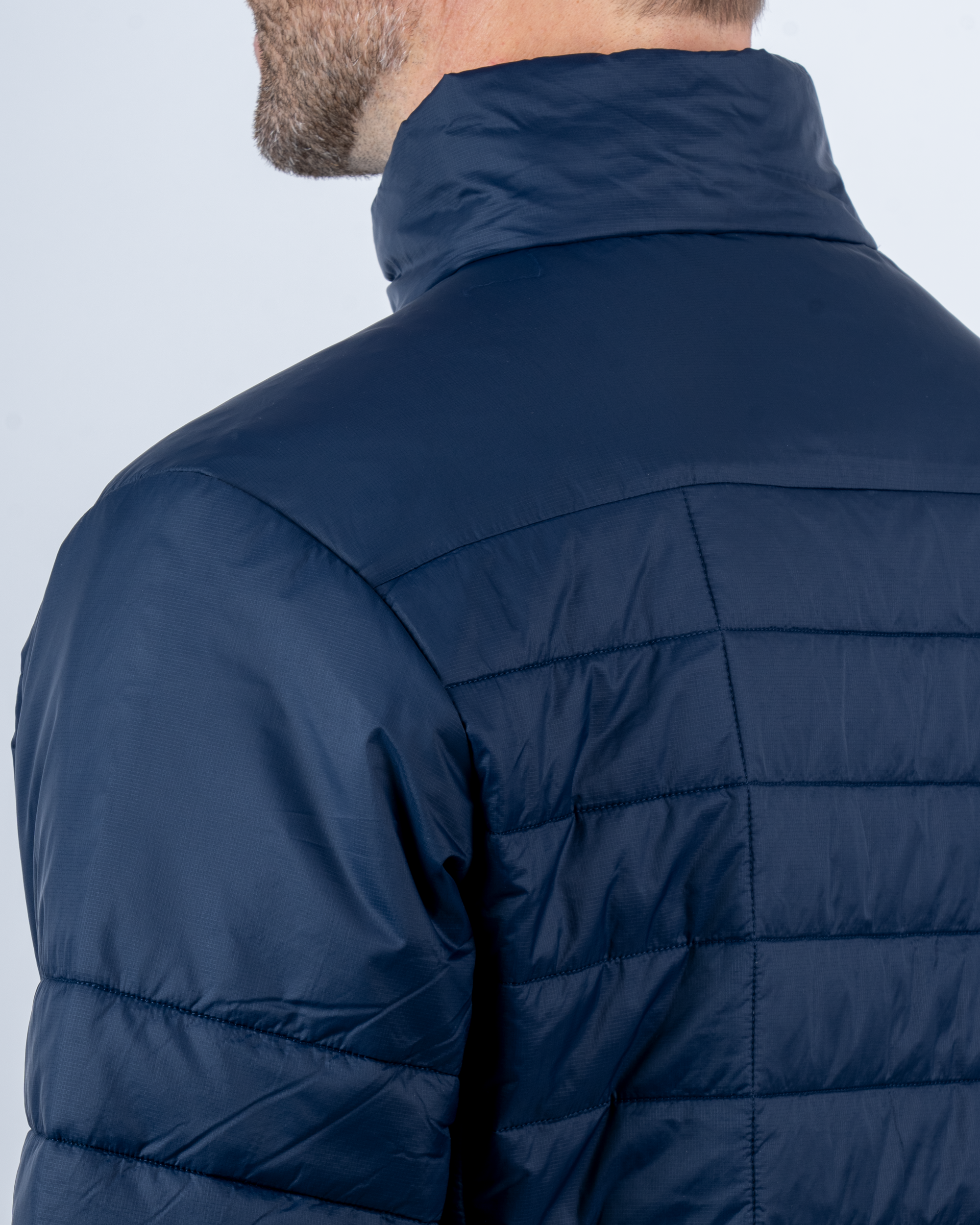 Foreign Rider Co Recycled Primaloft Gold Insulated Eco Navy Jacket Back Shoulder and Neck Detail